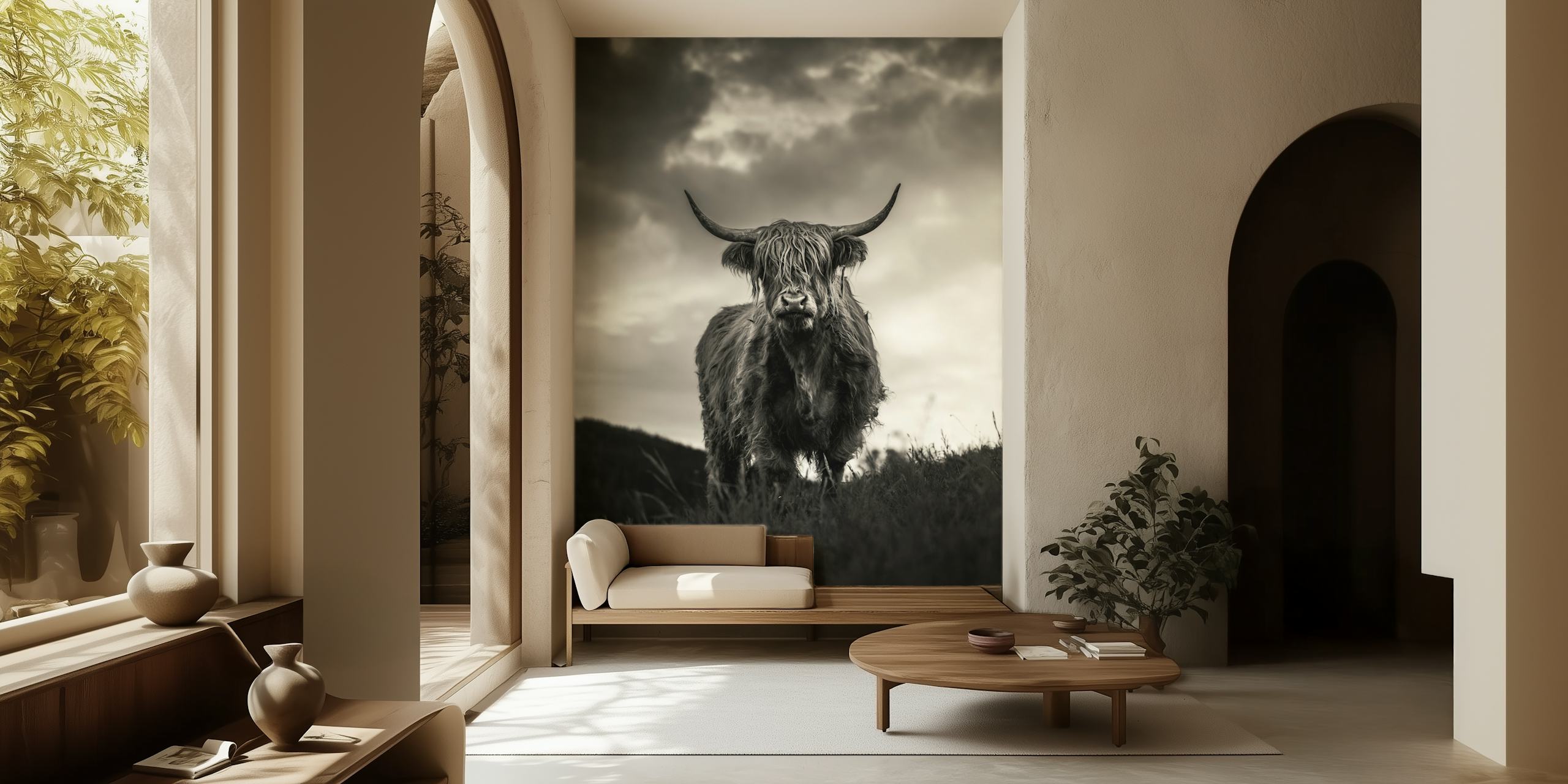 Papel pintado Graceful Highland Cattle Scene en una habitación