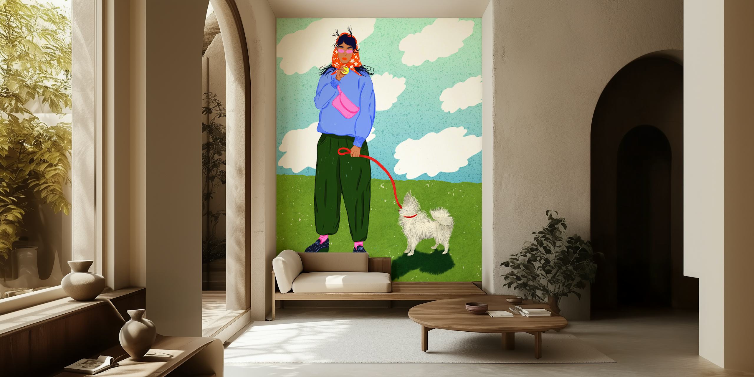 Papel tapiz caprichoso con una mujer paseando un perro