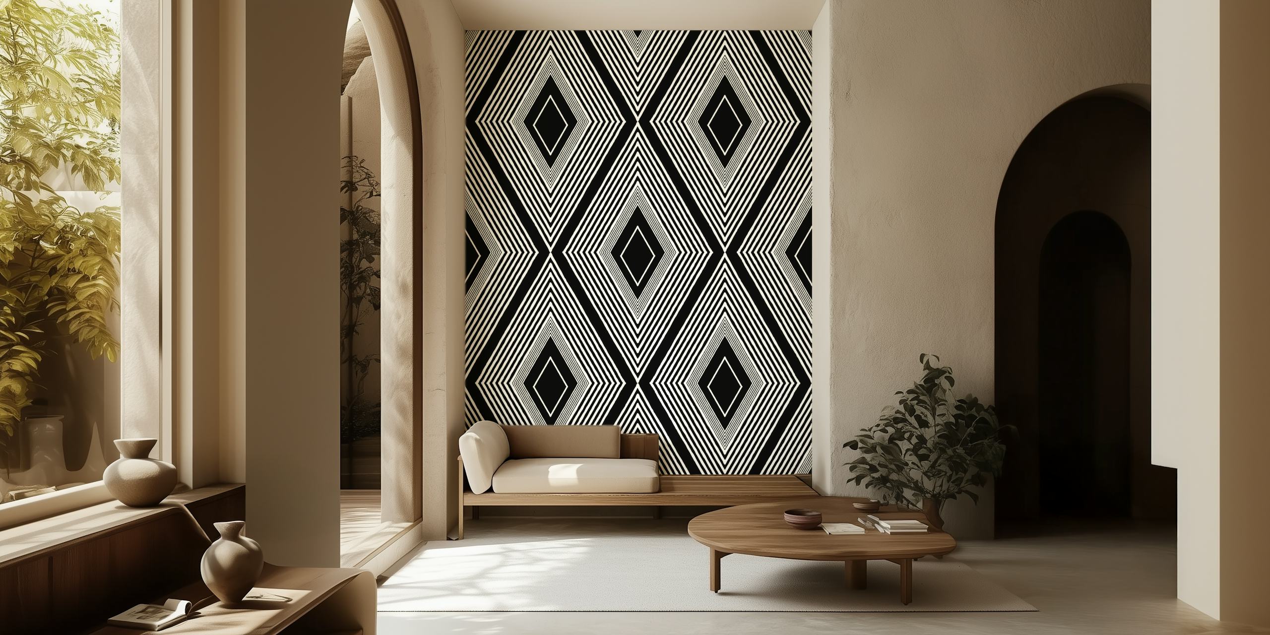 Black and white geometric diamond pattern wallpaper