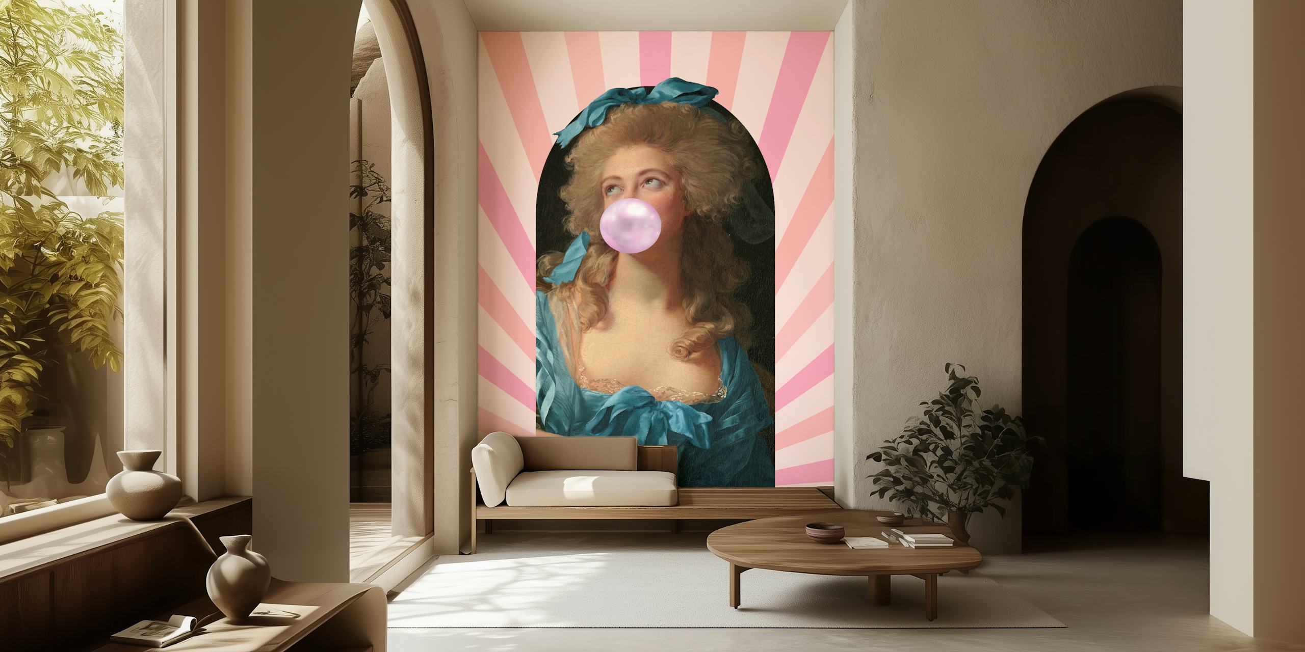 Bubble gum art featuring a woman with pink bubble and blue attire against pink rays wallpaper