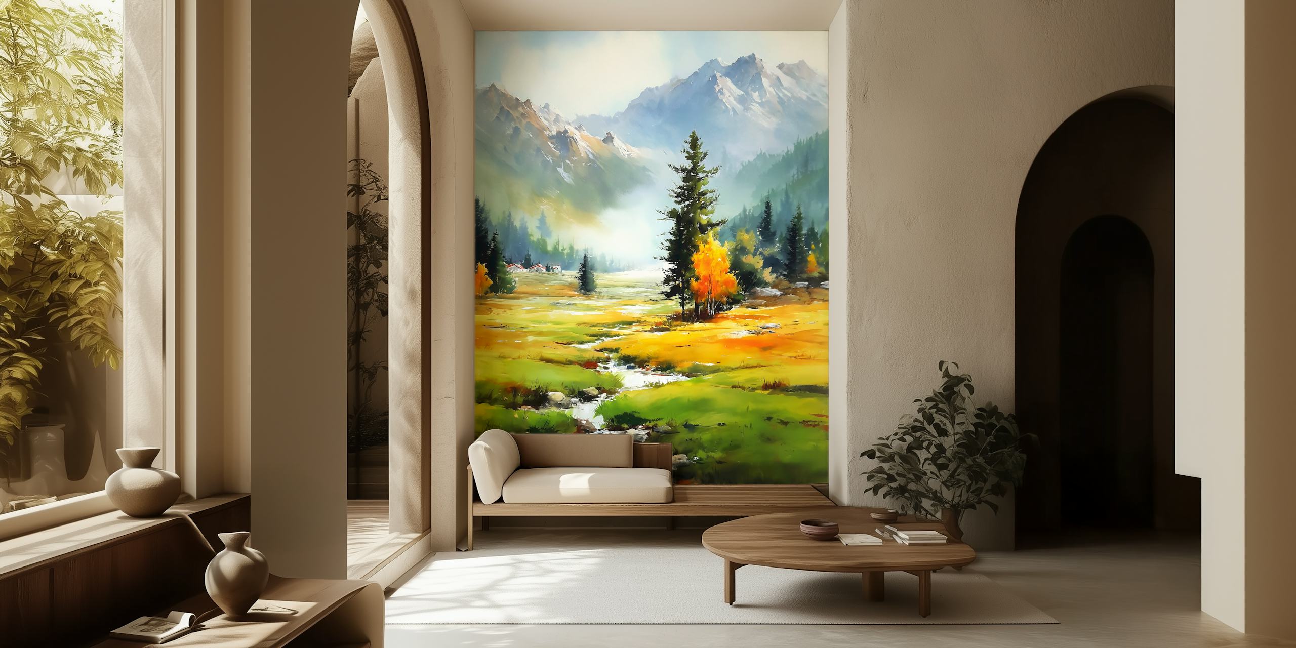 Mountain valley landscape with green grass, orange trees, and blue mountains wallpaper