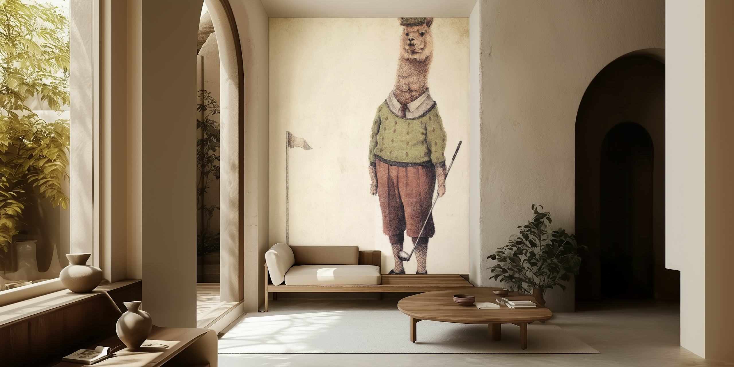 Fototapeta przedstawiająca alpakę w stroju golfowym gotową do gry, na teksturowanym tle.