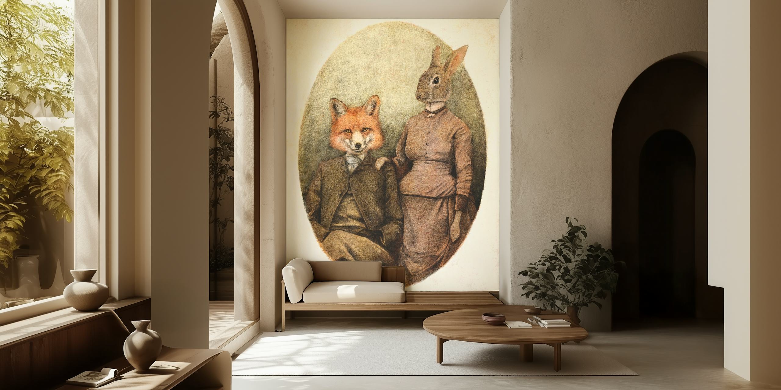 Foxes and rabbit wallpaper in a room