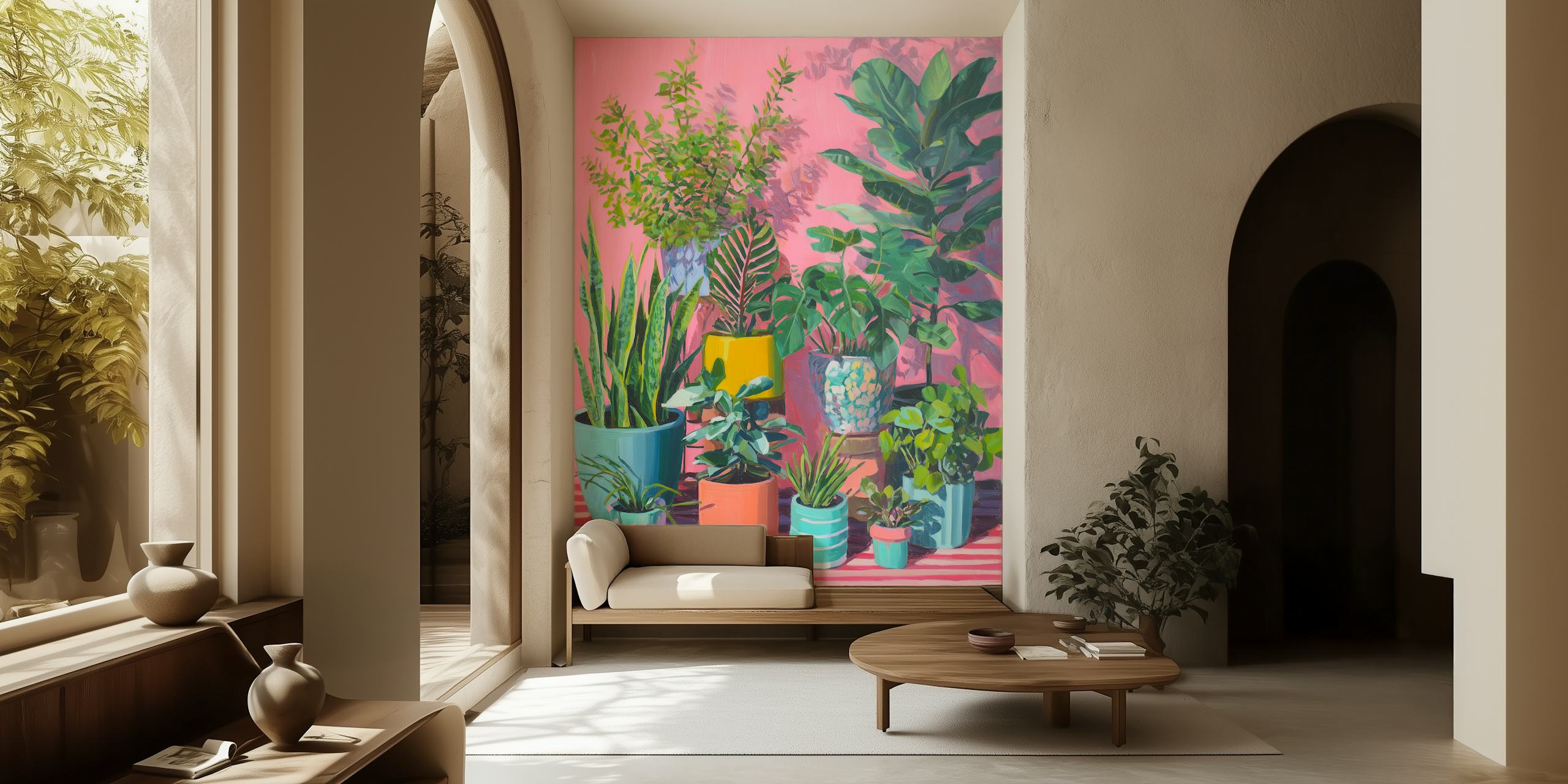 Colorful pink potted plants wallpaper design