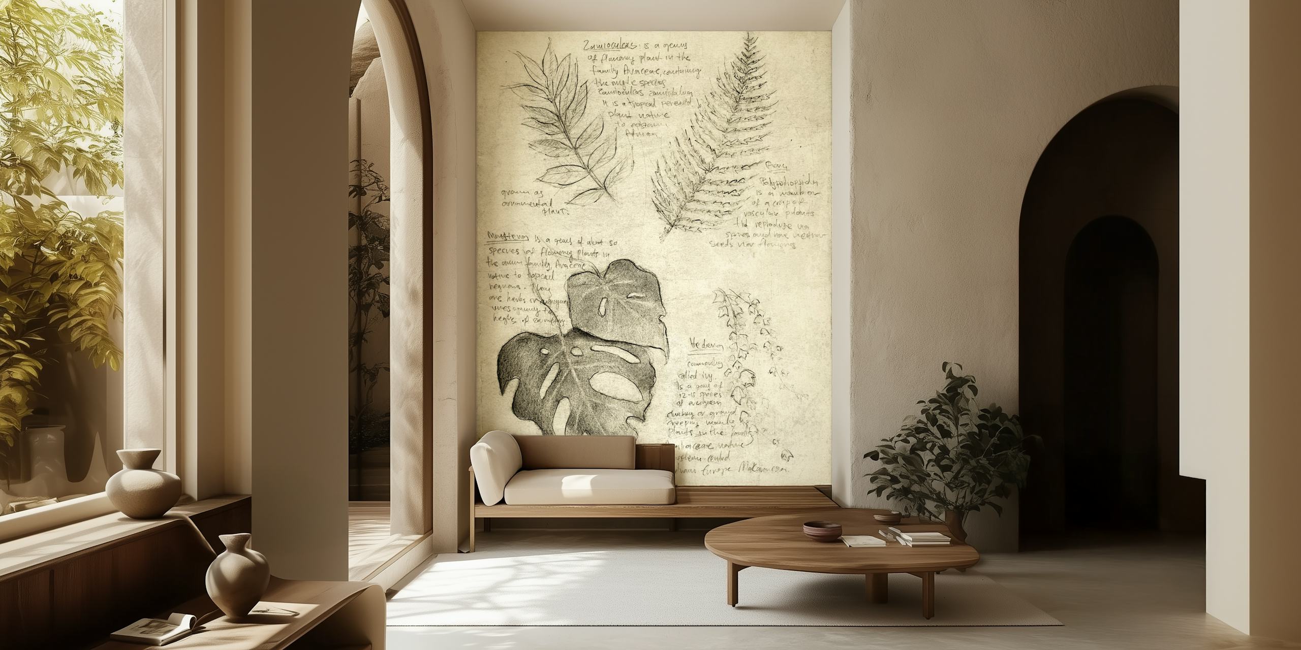 Botanical sketches of leaves on a subtle grey background wallpaper