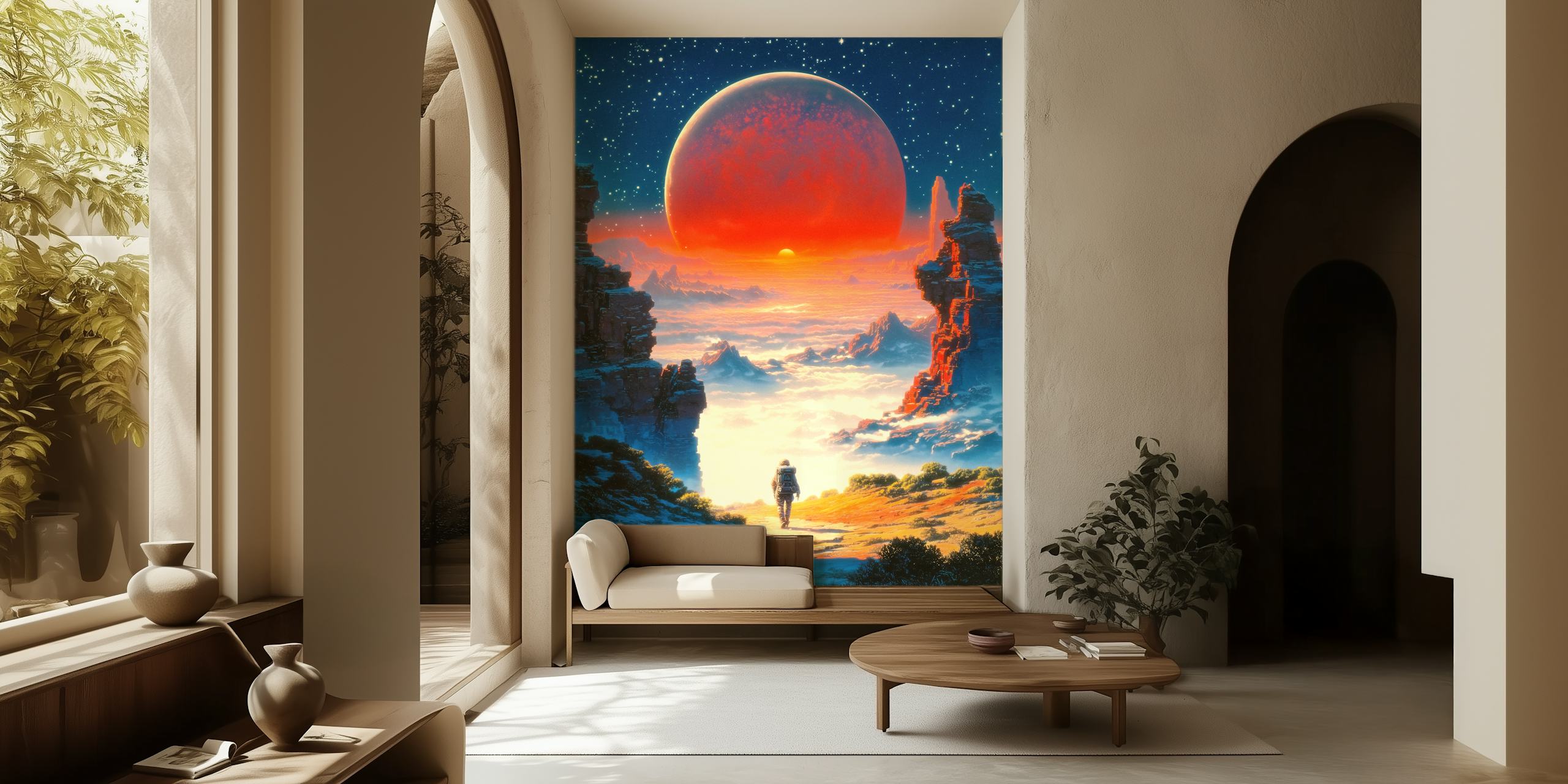 Astronaut walking in a red dawn wallpaper