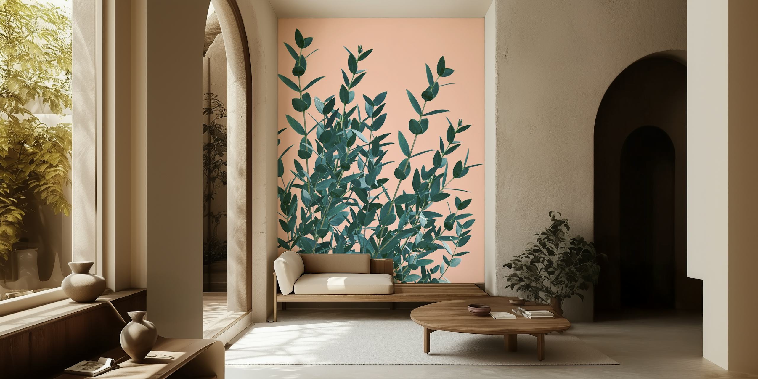 Green eucalyptus leaves on pink background wallpaper