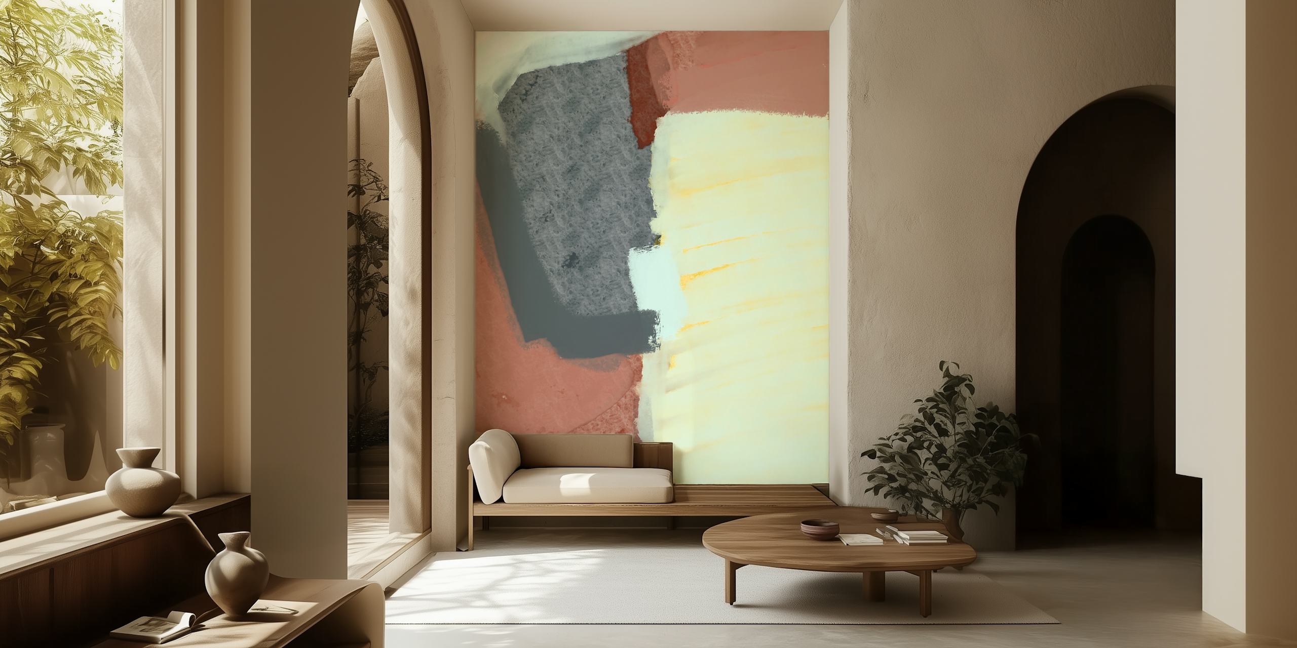 Layered Silence abstracte wallpaper in een kamer