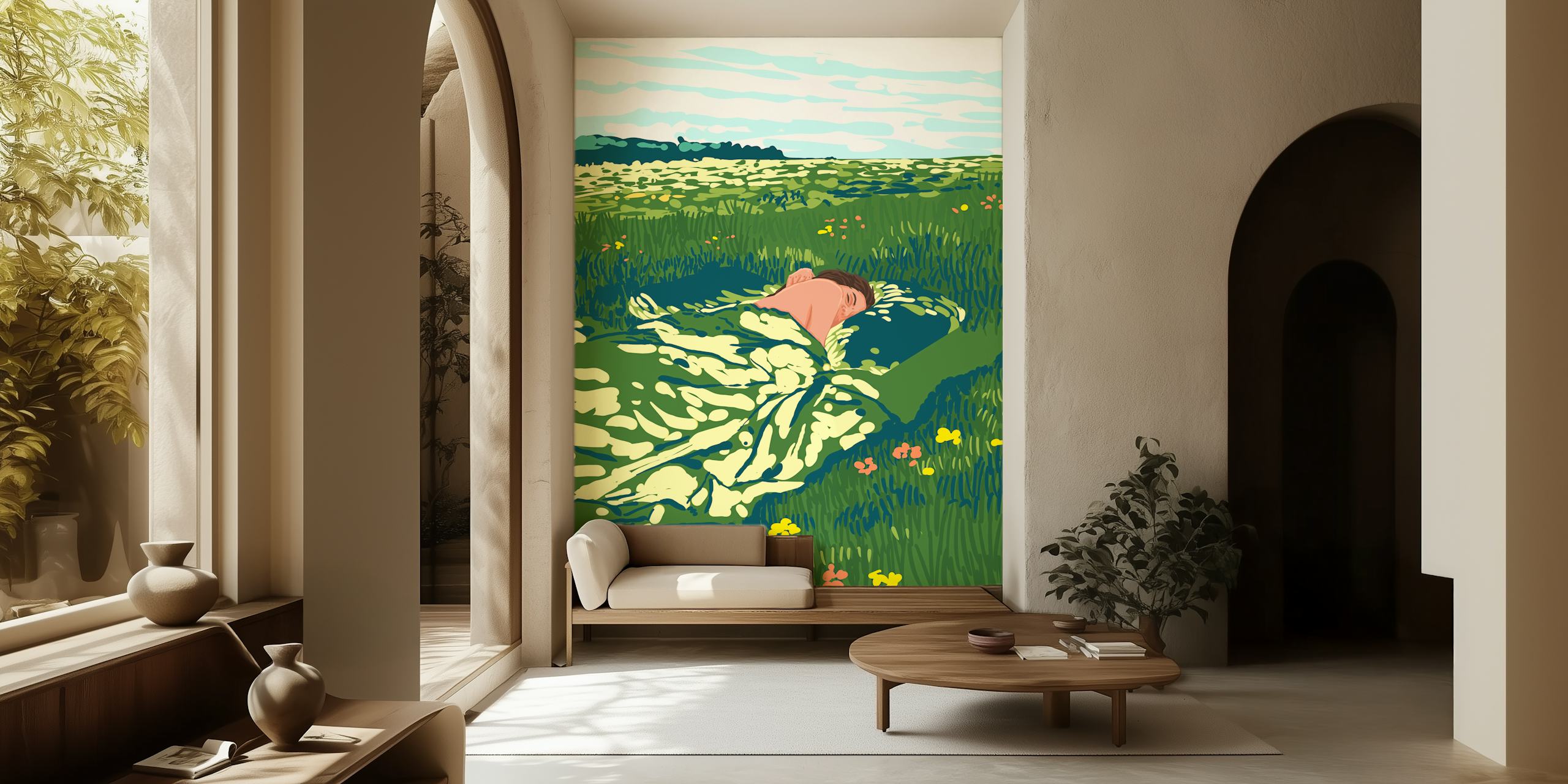 Tapetdesign som föreställer en person som sover i ett fält