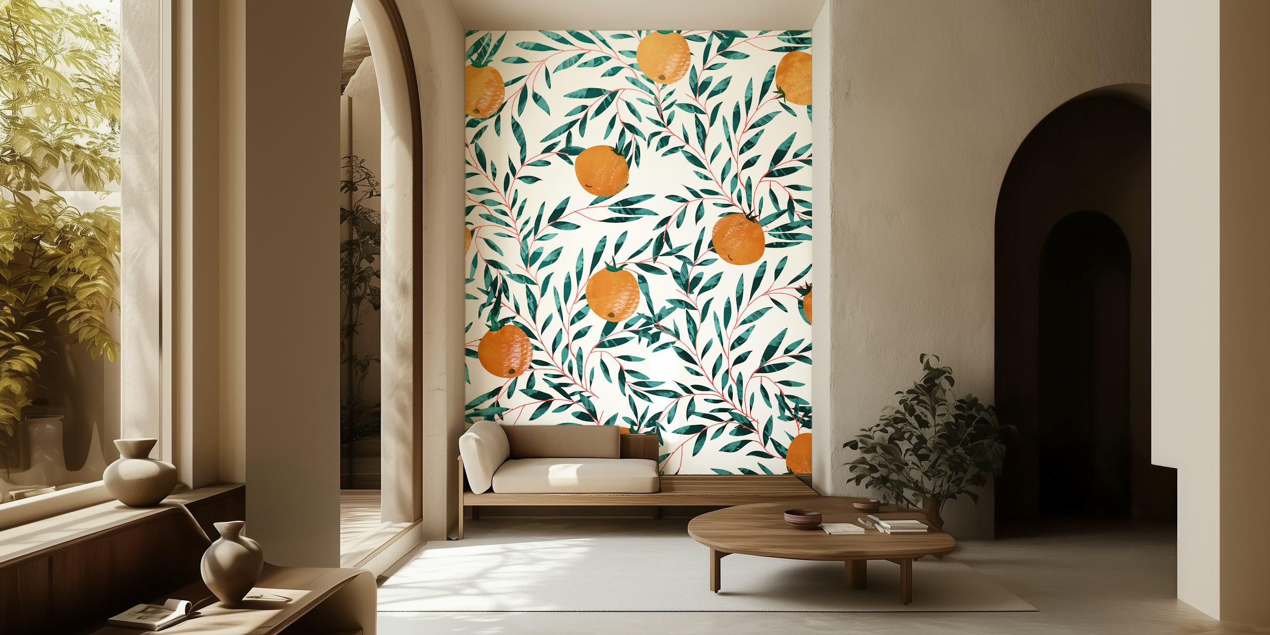 Orange mandarin fruits with green leaves wallpaper