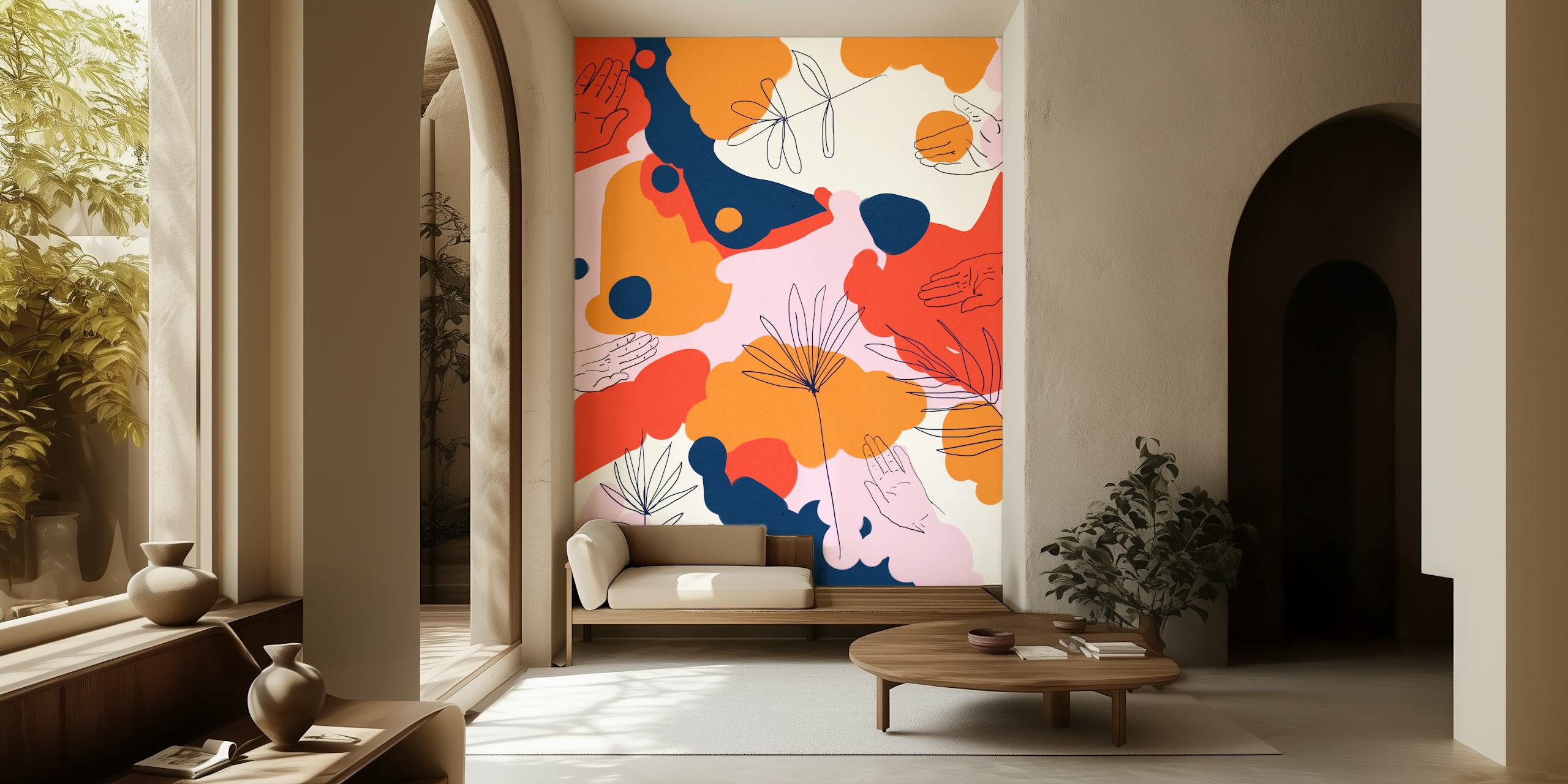 Colorful abstract floral shapes with hands wallpaper