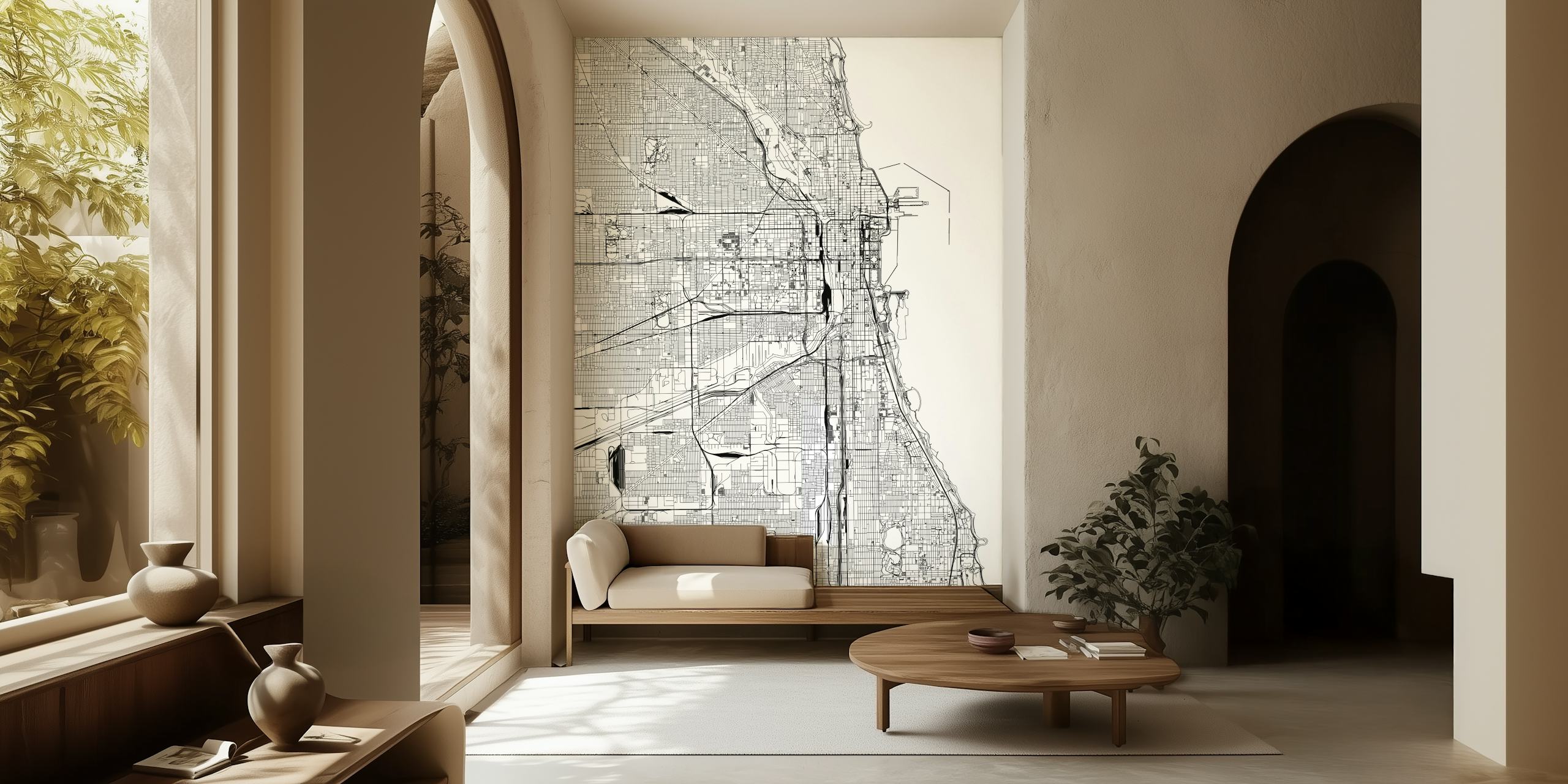 Fotomural vinílico de parede de mapa da cidade de Chicago orientado para retrato monocromático