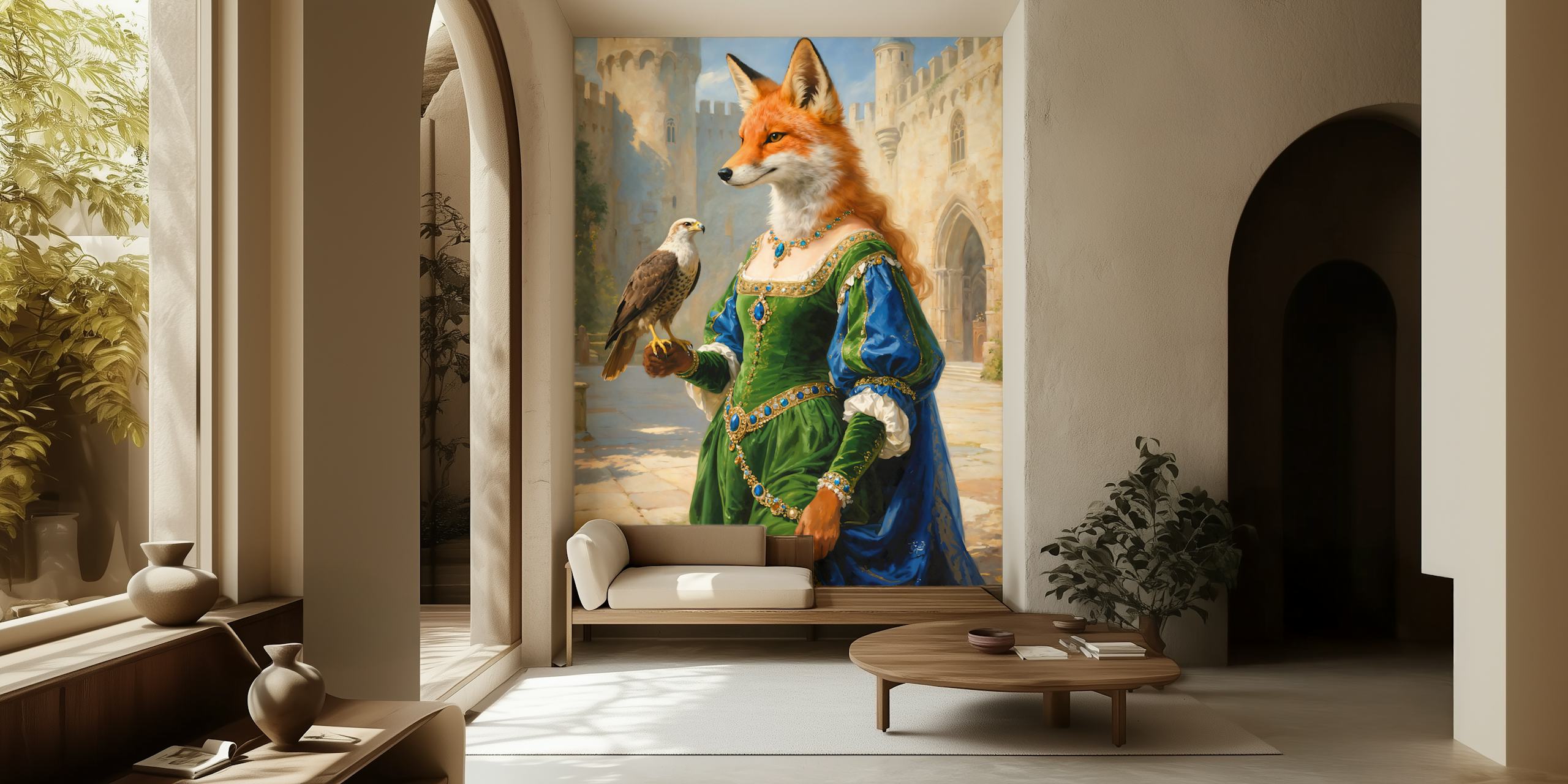 Fox character in royal attire with a bird. Colorful fantasy wallpaper