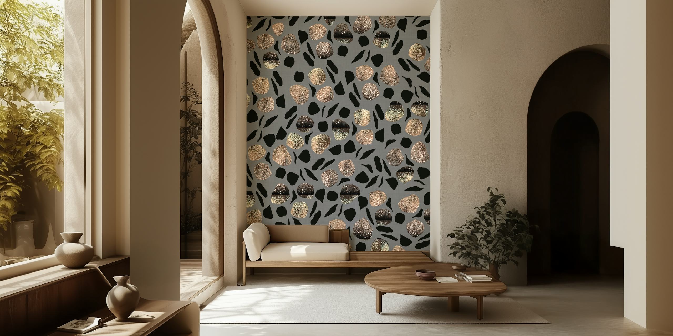 Animal print and glitter patterns in shades of black and gold wallpaper