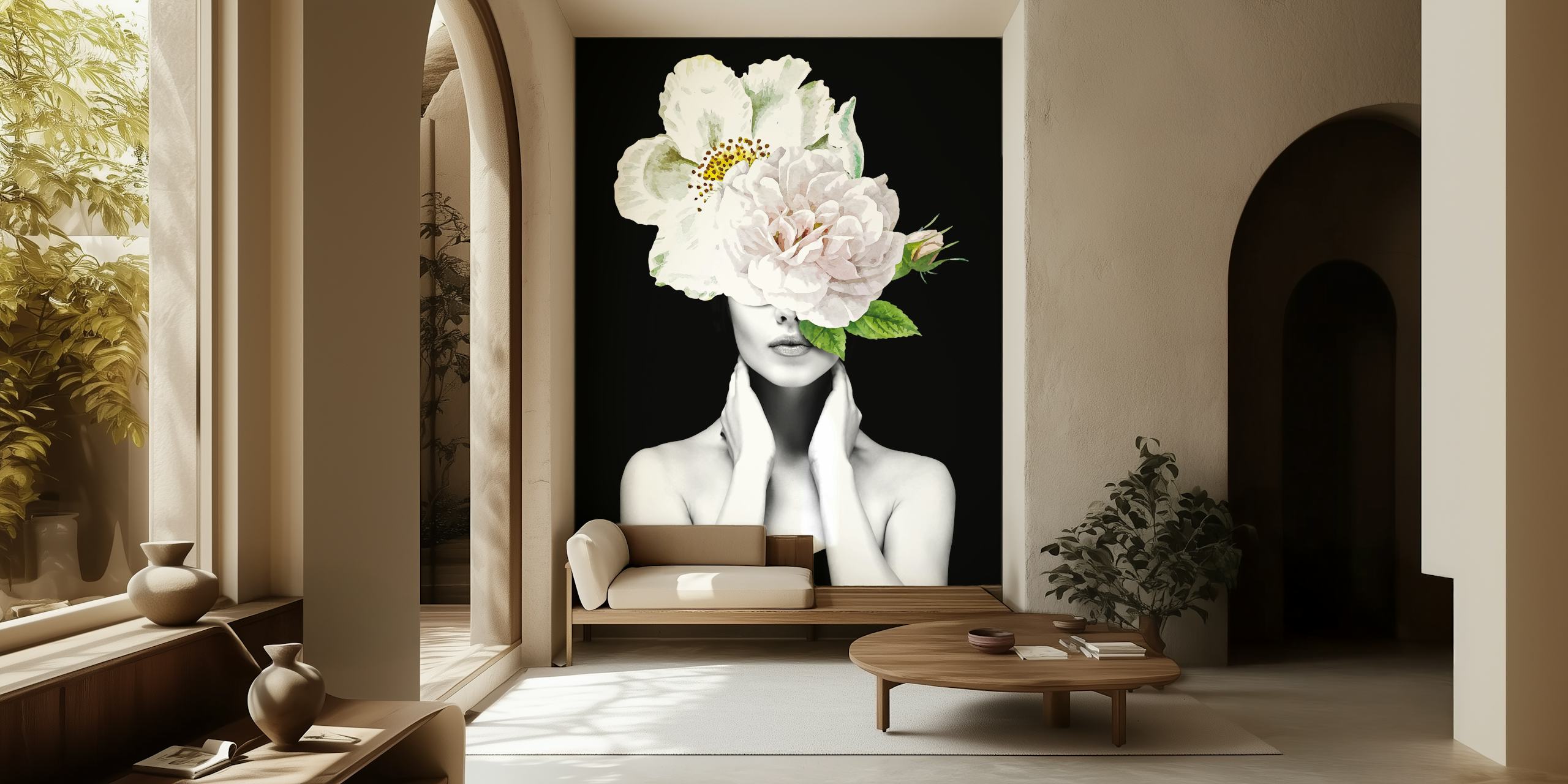 Black and white floral wallpaper featuring a woman with flowers