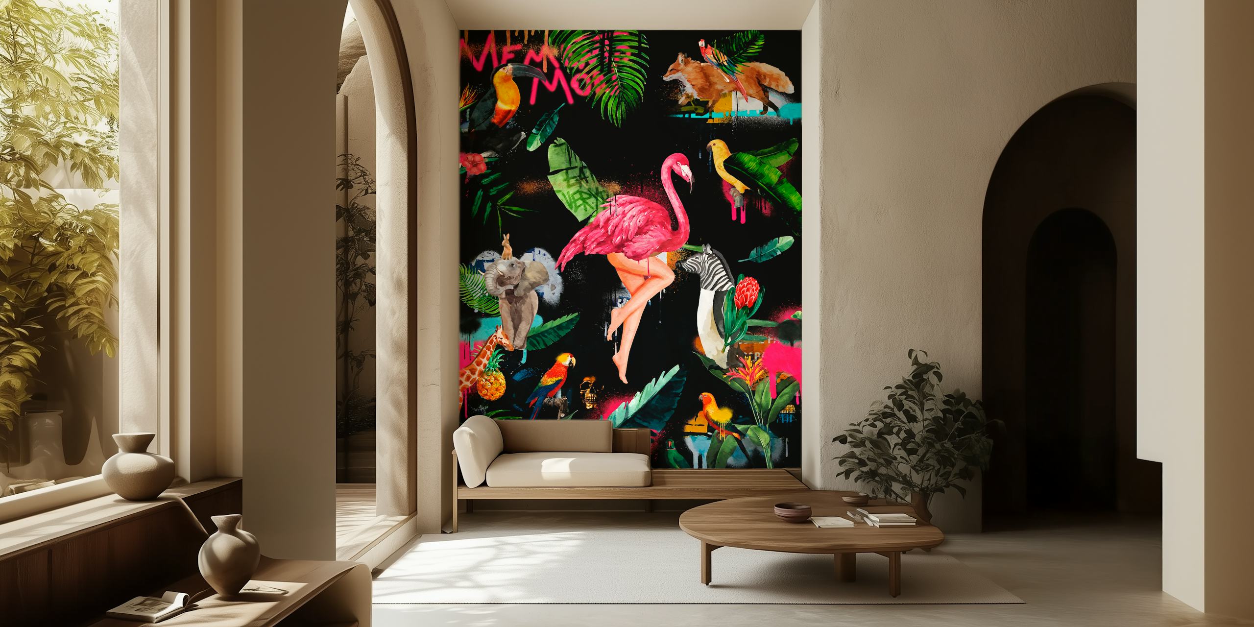 Tropical animal wallpaper featuring pink flamingos, colorful birds, green leaves on a black background