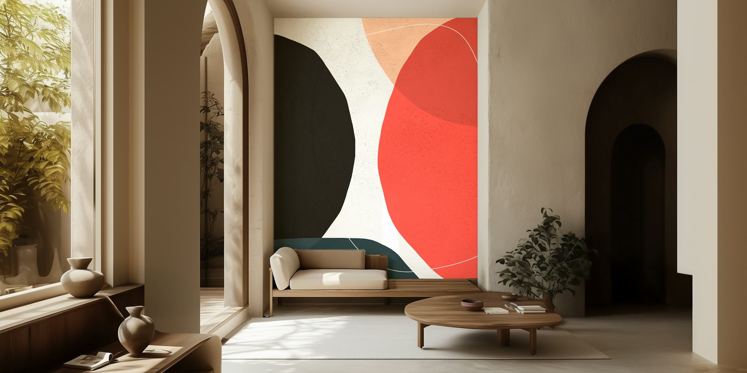 Orange and black abstract wallpaper in a room