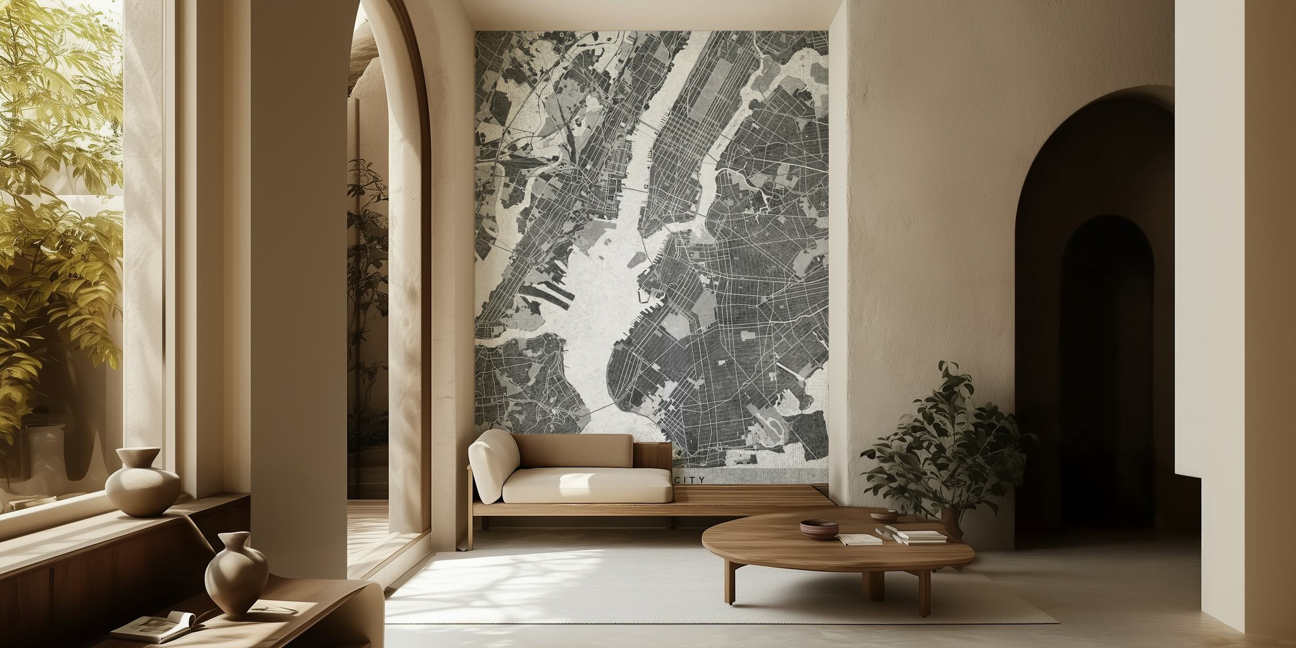 Gray vintage New York City map wallpaper in a room