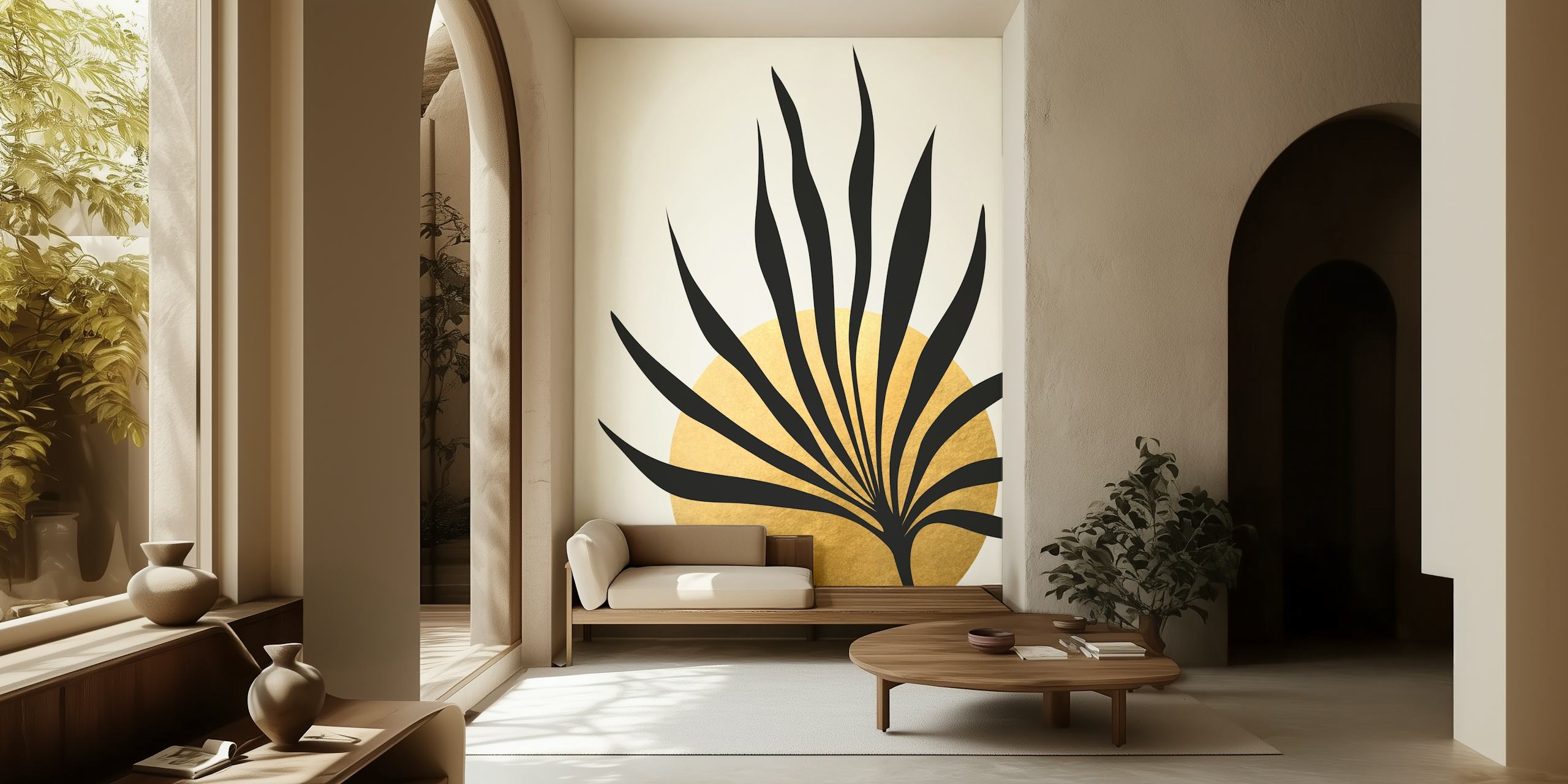 Black tropical palm leaf against a gold circle background wallpaper