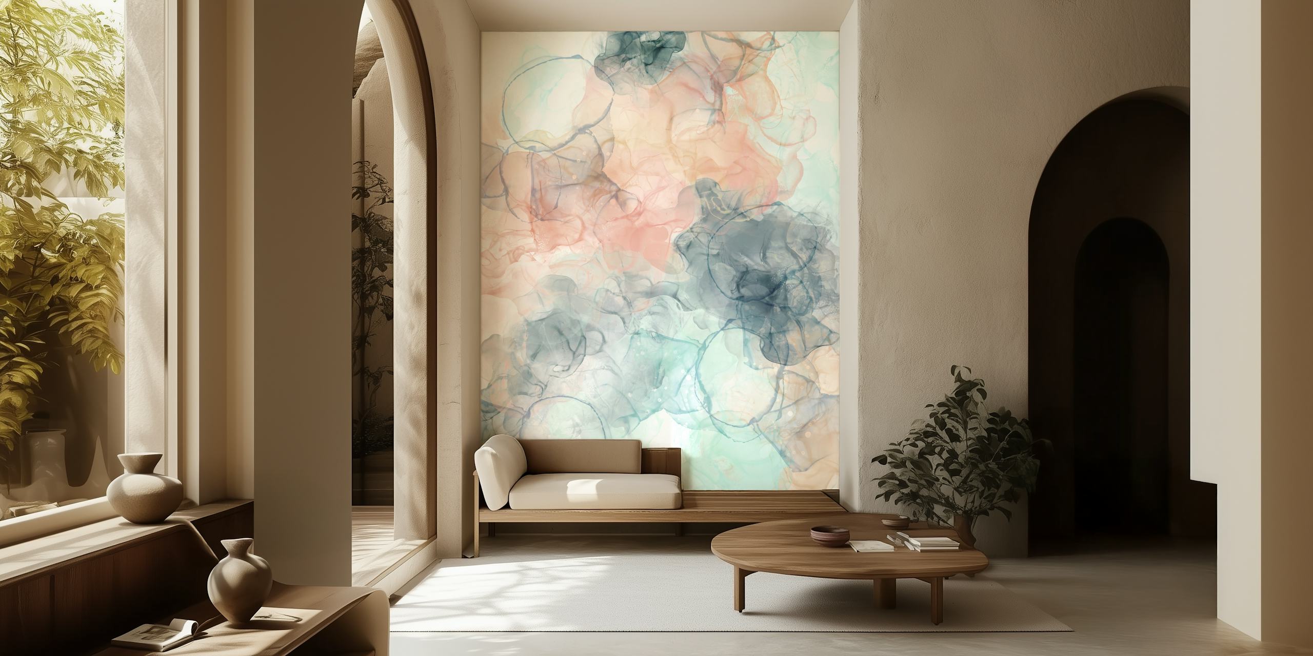 Papier peint à l'encre d'alcool blush et bleu sarcelle avec des motifs abstraits doux et fluides