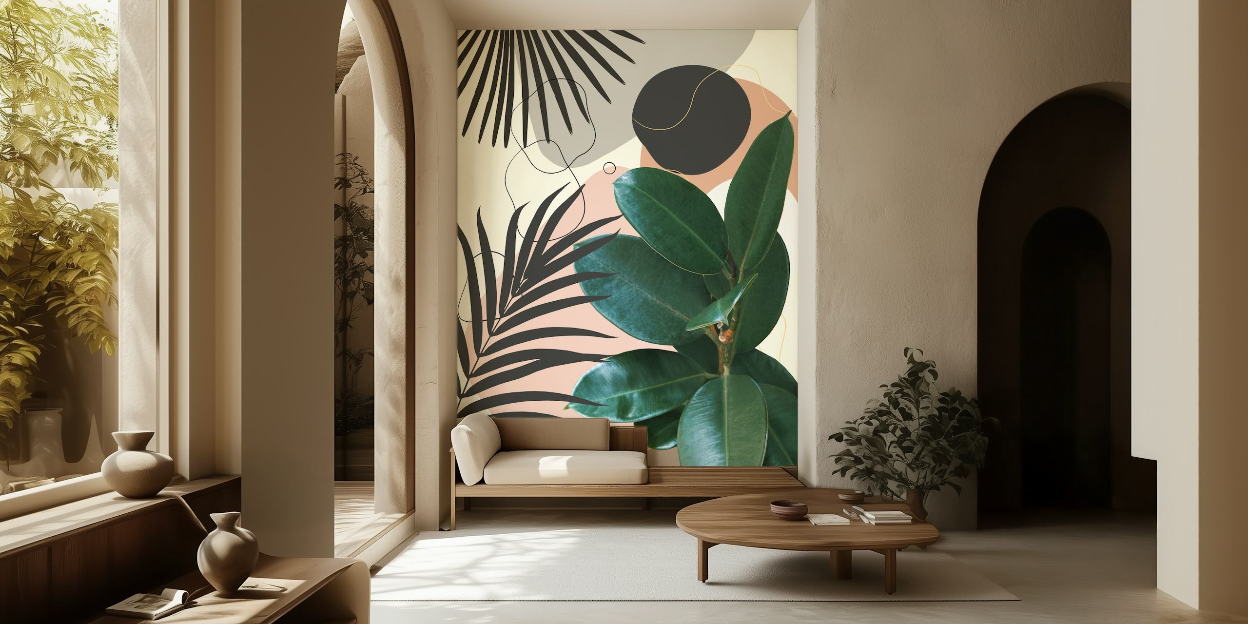 Ficus Elastica and fan palm leaf wall mural with pastel pink and neutral tones