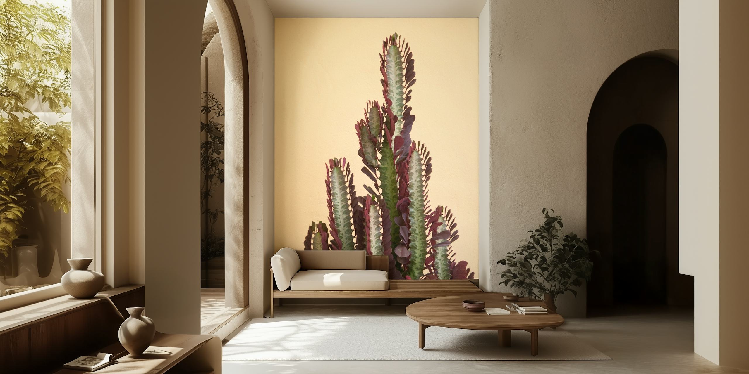 Cactus plant with purple and green leaves on beige background wallpaper
