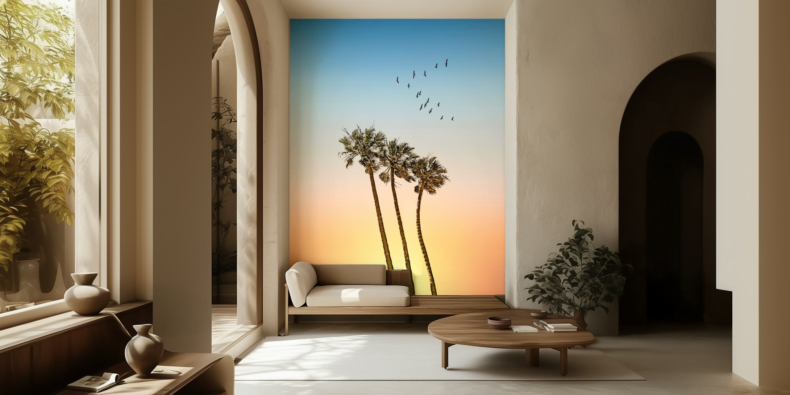 Silhouette di palme contro un murale al tramonto con uccelli in volo