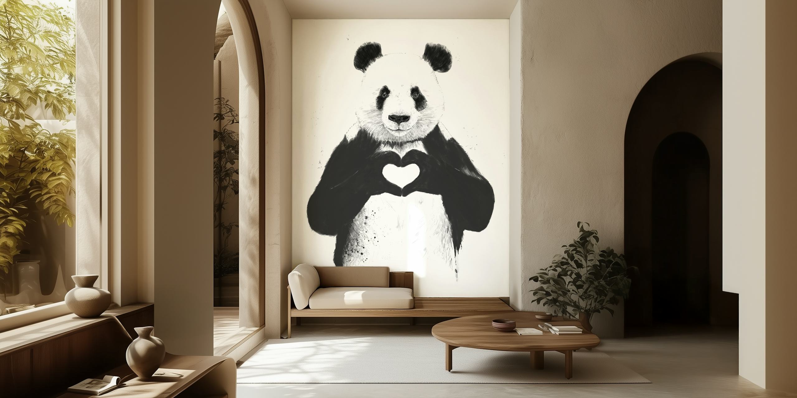 Panda with heart shape hands, black and white wallpaper