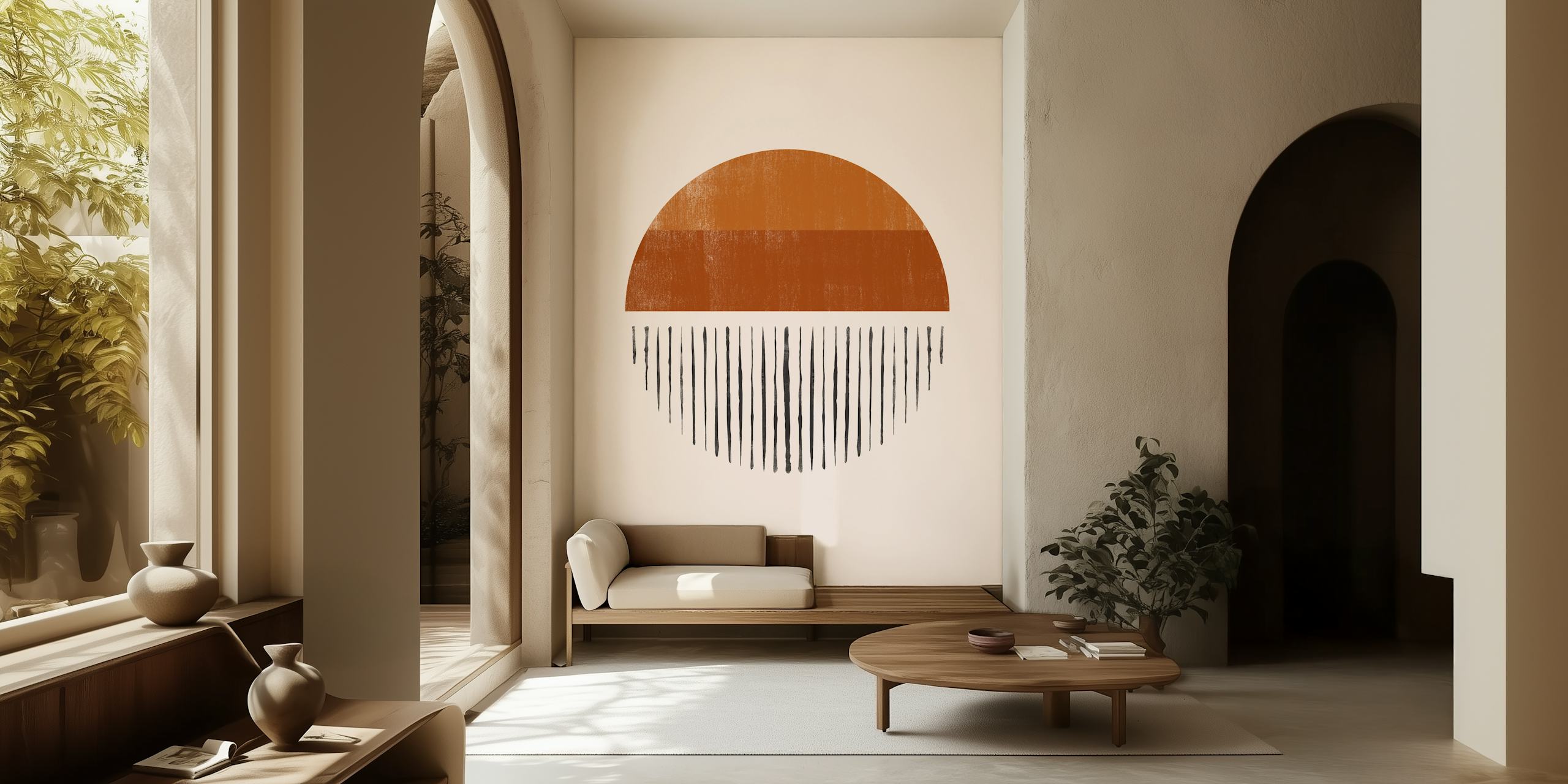 Terracotta abstract circle with vertical lines wallpaper