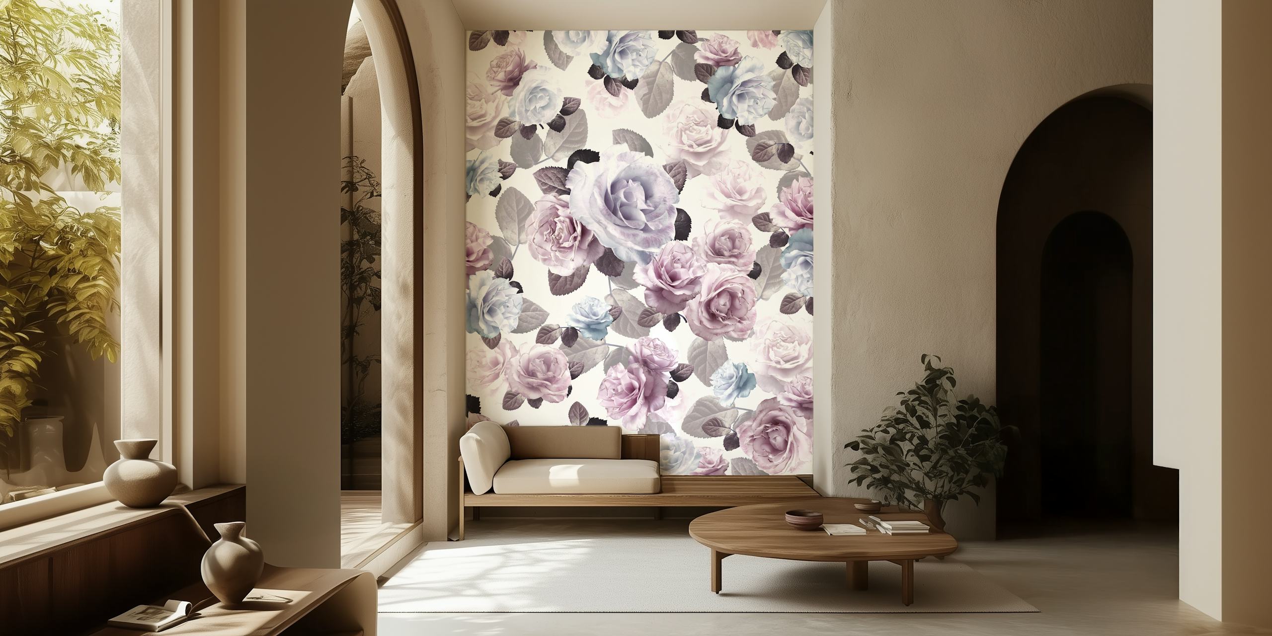 Pink and purple roses with leaves on white background wallpaper