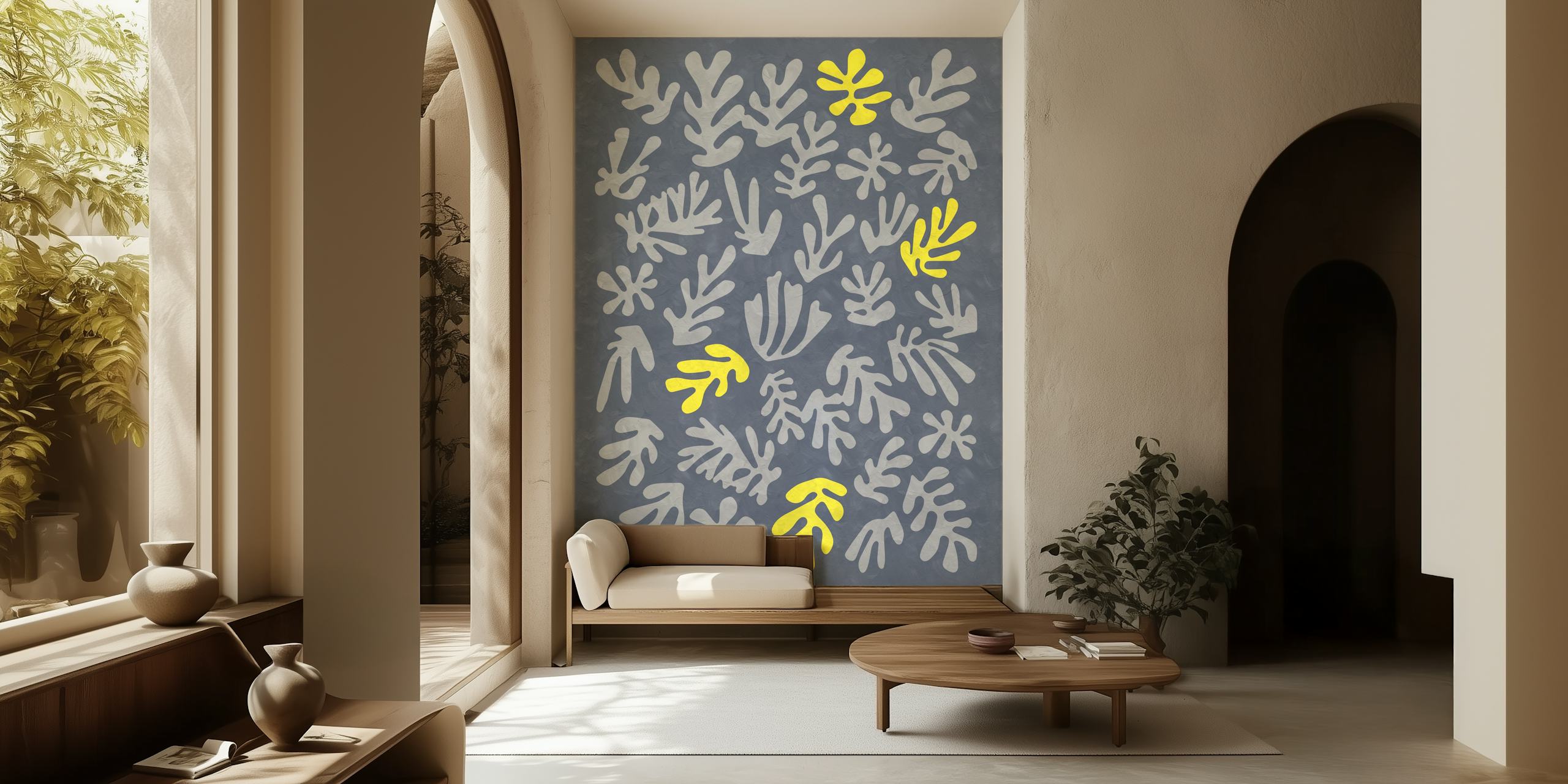 Abstract botanical yellow Matisse-inspired pattern on a grey background wall mural