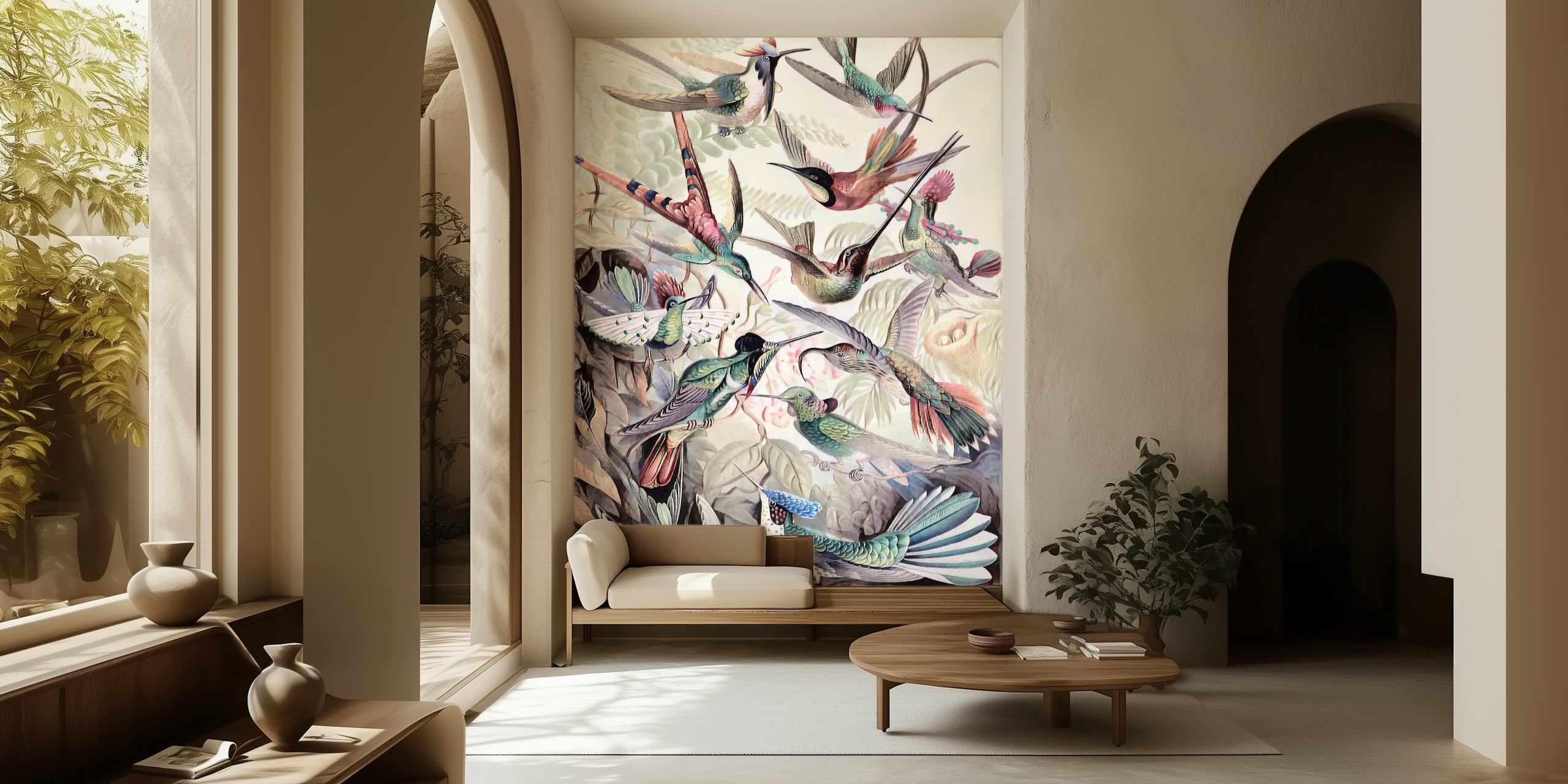 Multicolor tropical birds on foliage wallpaper, vibrant hues