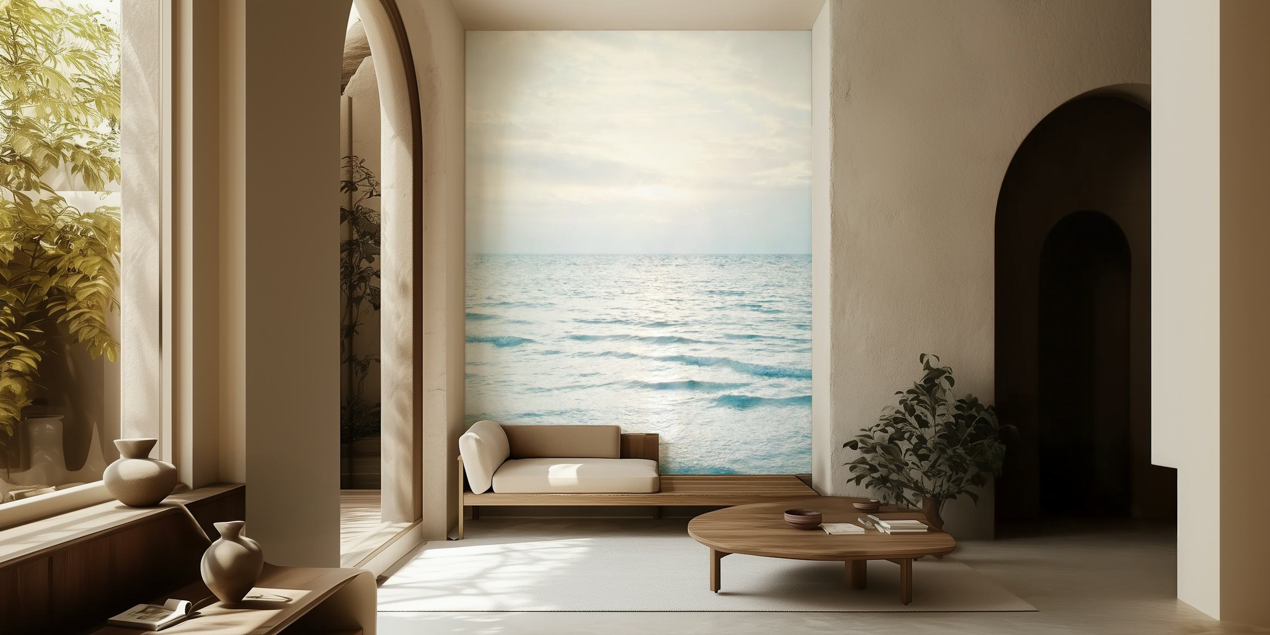 Calm ocean waves at sunrise with soft blue tones wallpaper