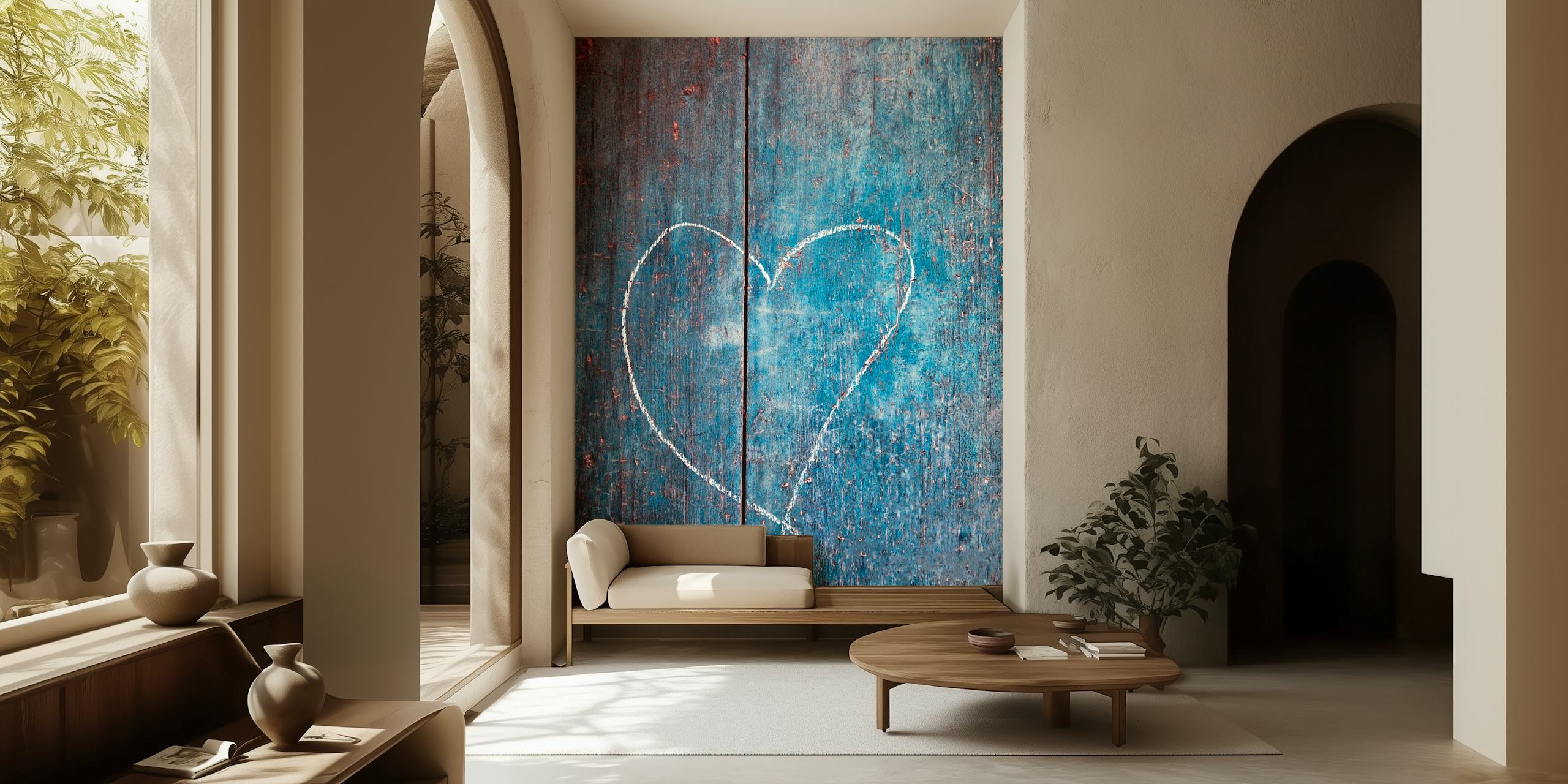 Blauw houten achtergrond met hart in krijtachtige stijl wallpaper