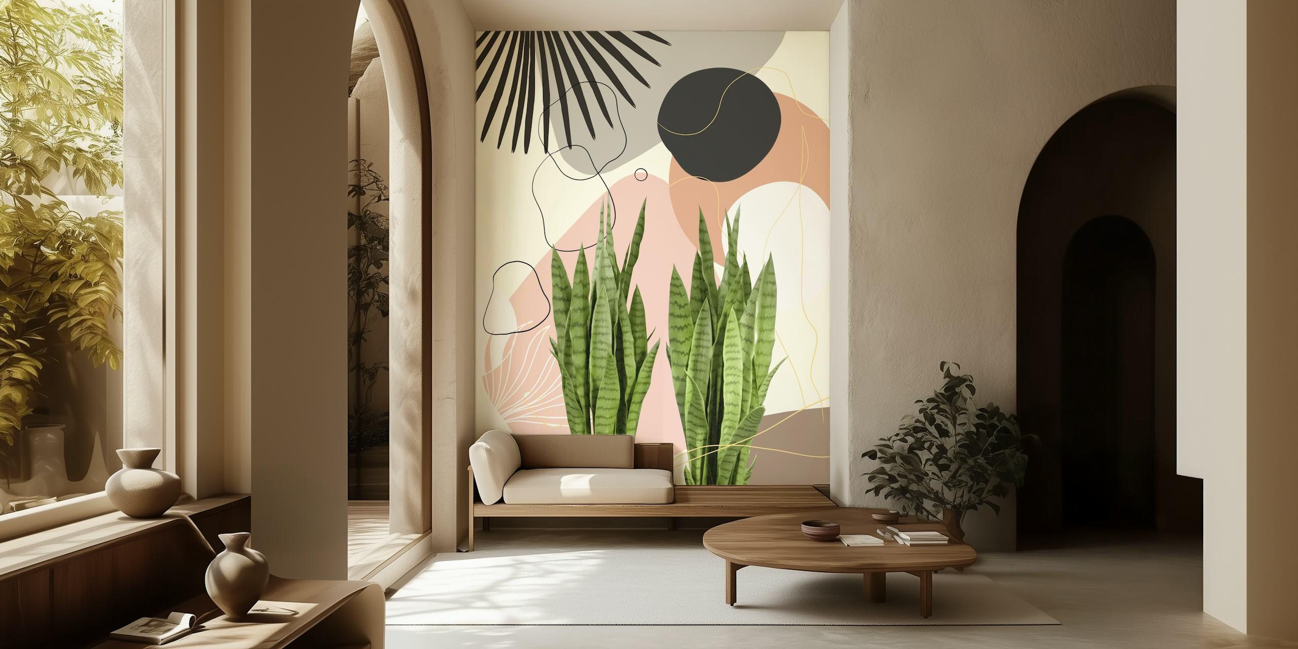 Tropical snake plant with abstract background shapes wallpaper