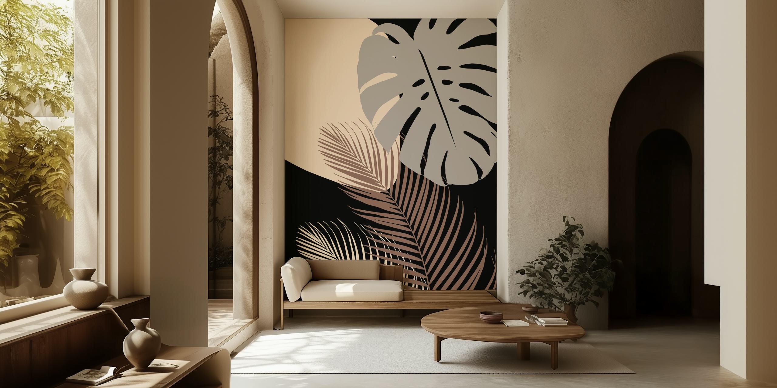 Papel de parede com design de folhas de monstera e palma