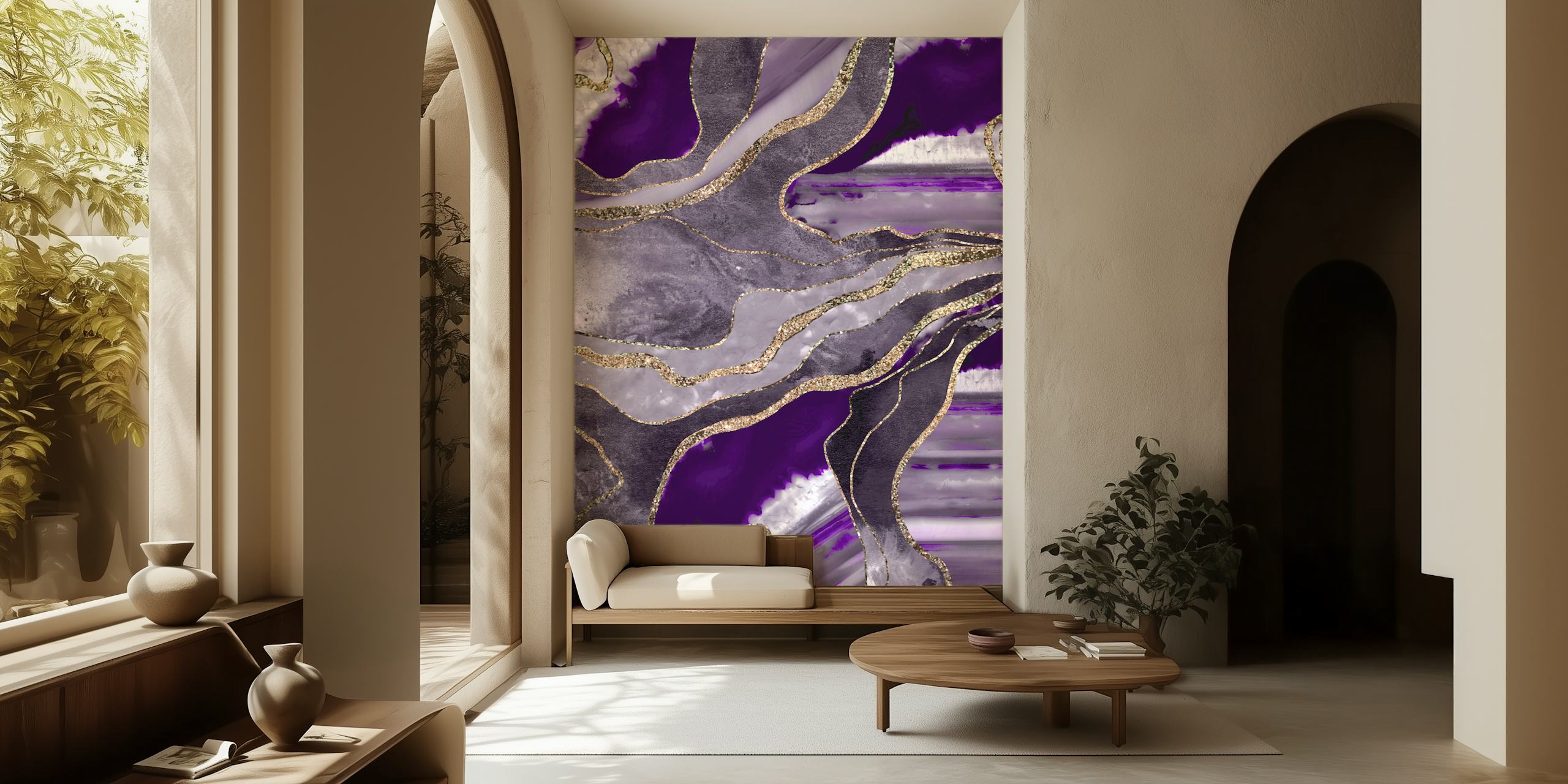 Violet marbled pattern with gold accents wallpaper