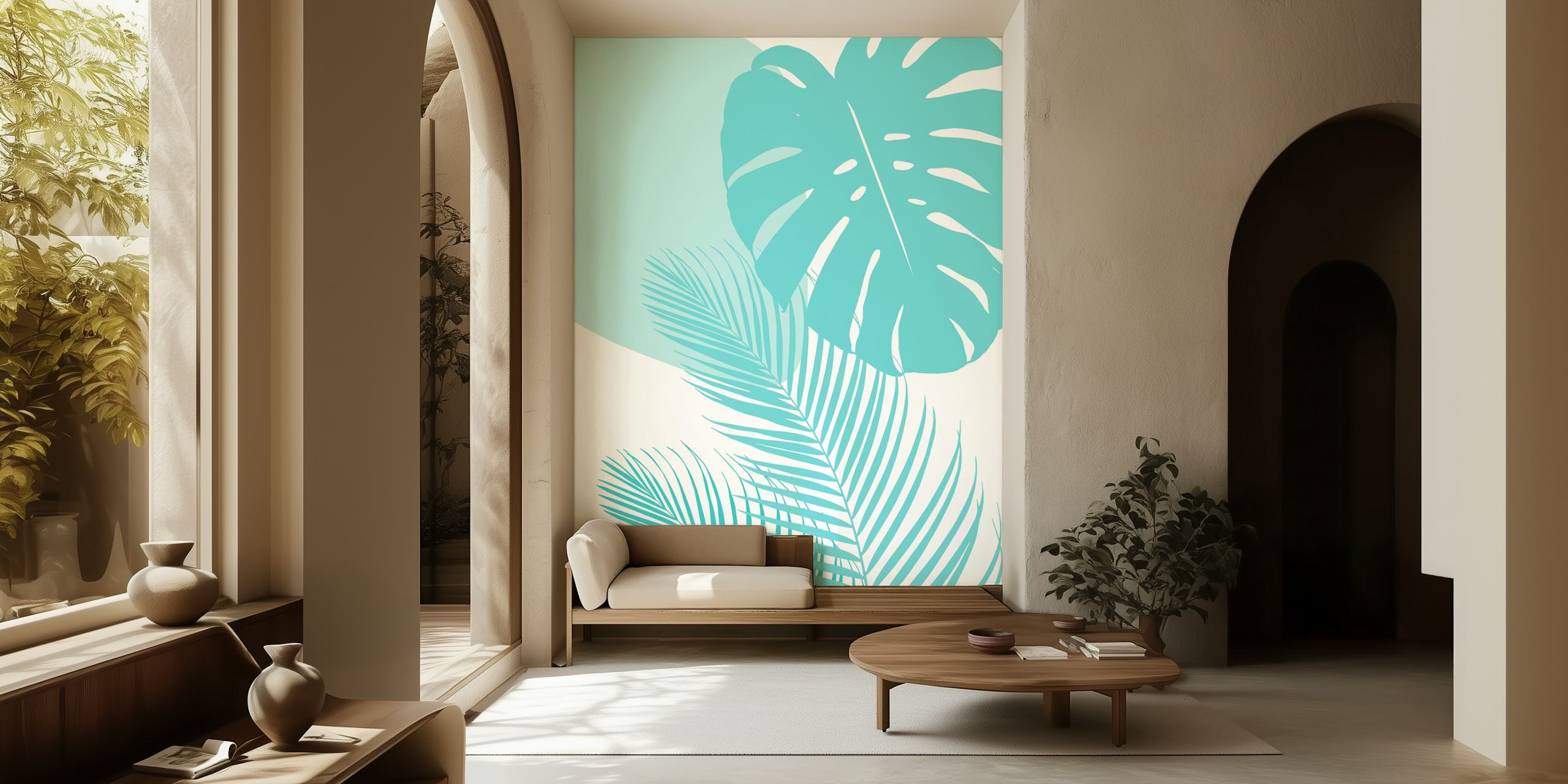 Stilisert monstera og palmeblad-tapet i pastelltoner