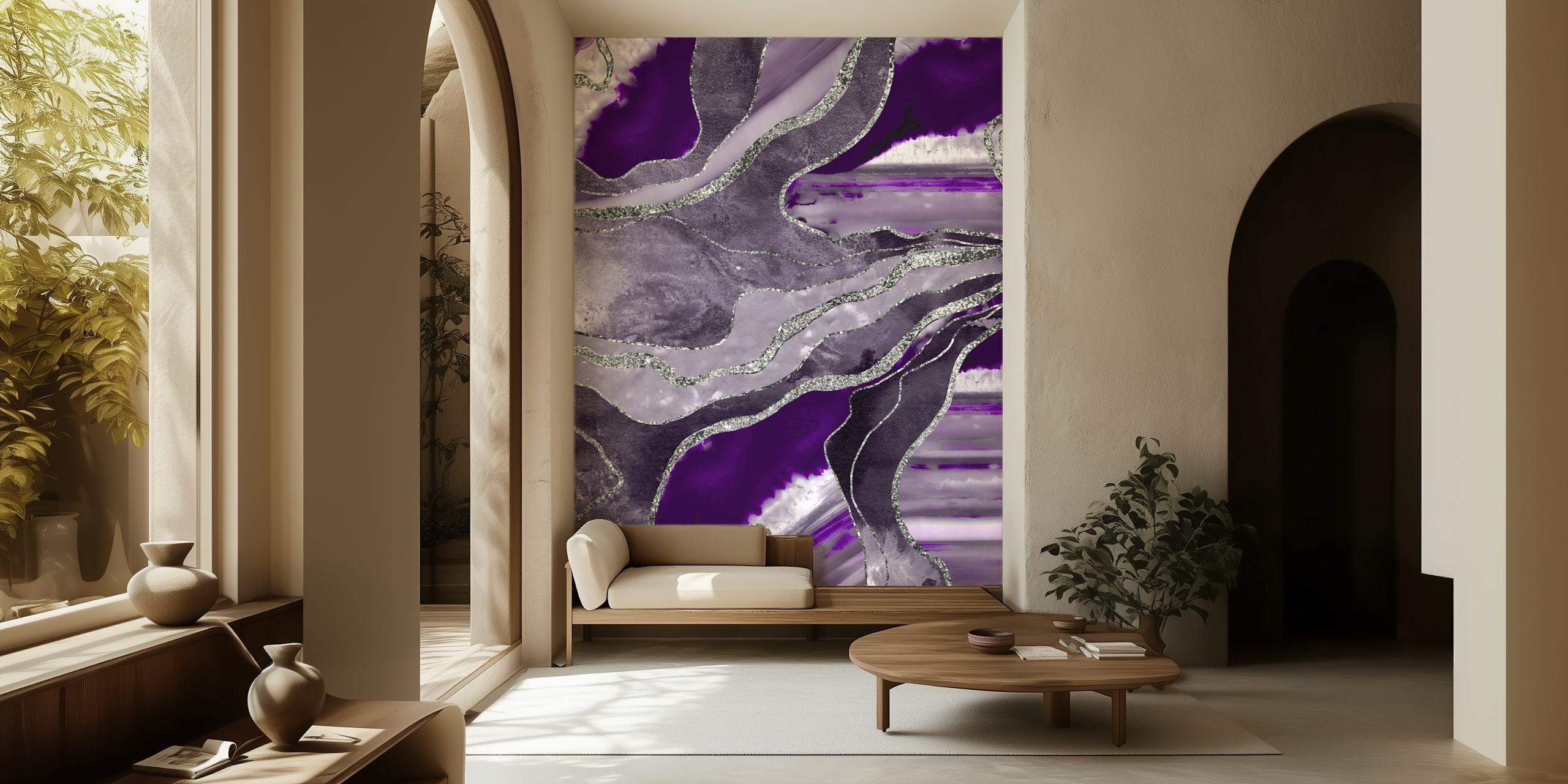 Violet and silver abstract marble agate pattern wall mural