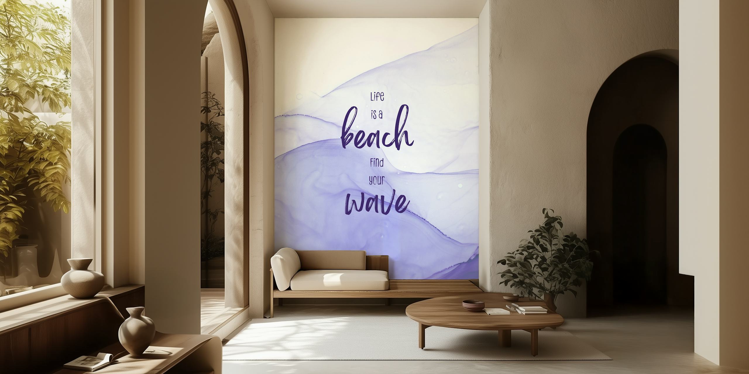Wavy purple ocean design with text 'Life is a beach' wallpaper