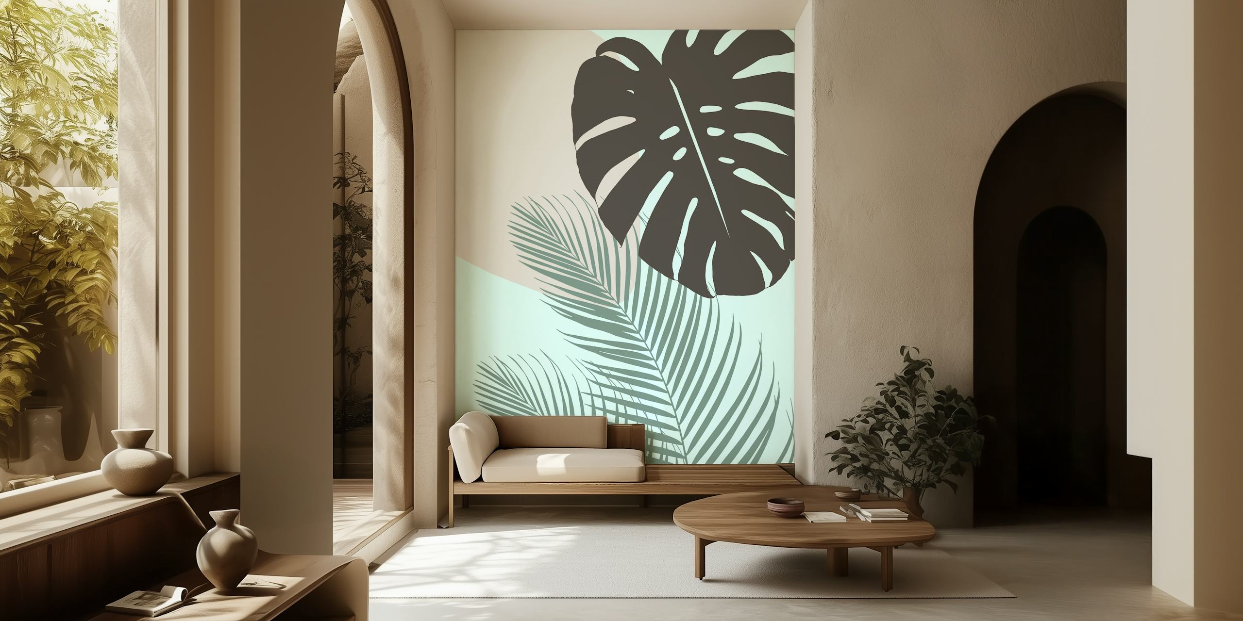 Monstera and palm leaves illustration in green and black on light blue background wallpaper