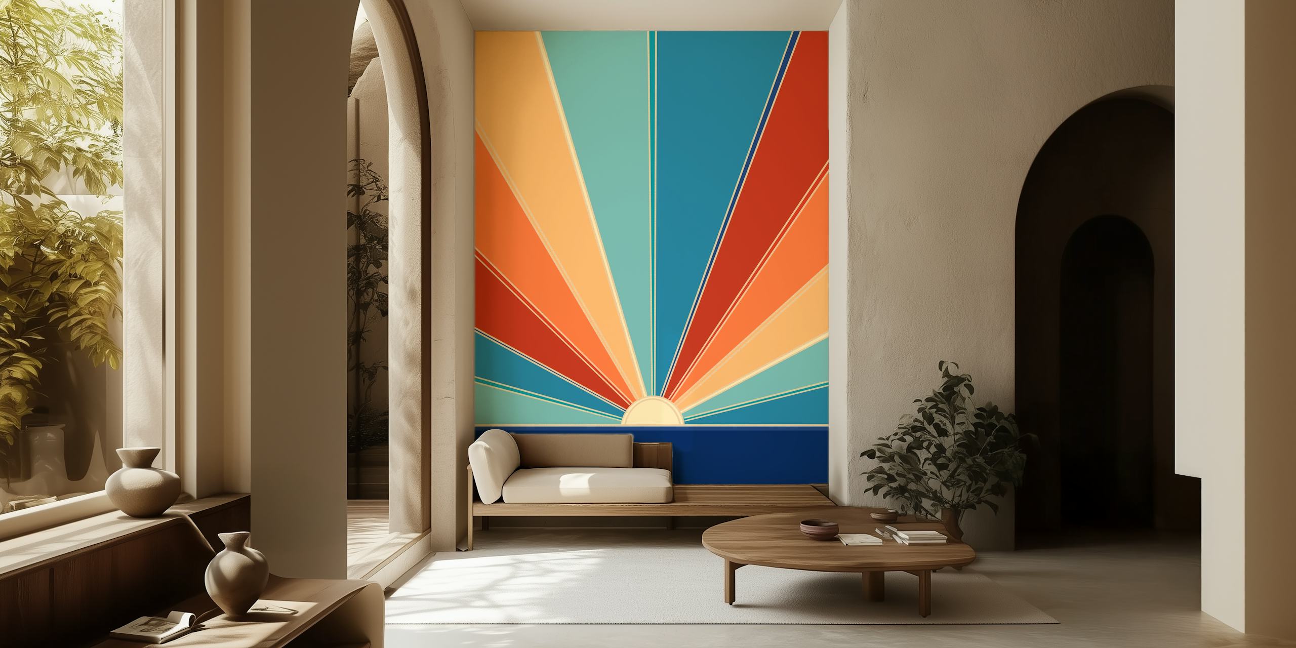 Design di carta da parati retro con raggi di sole vivaci