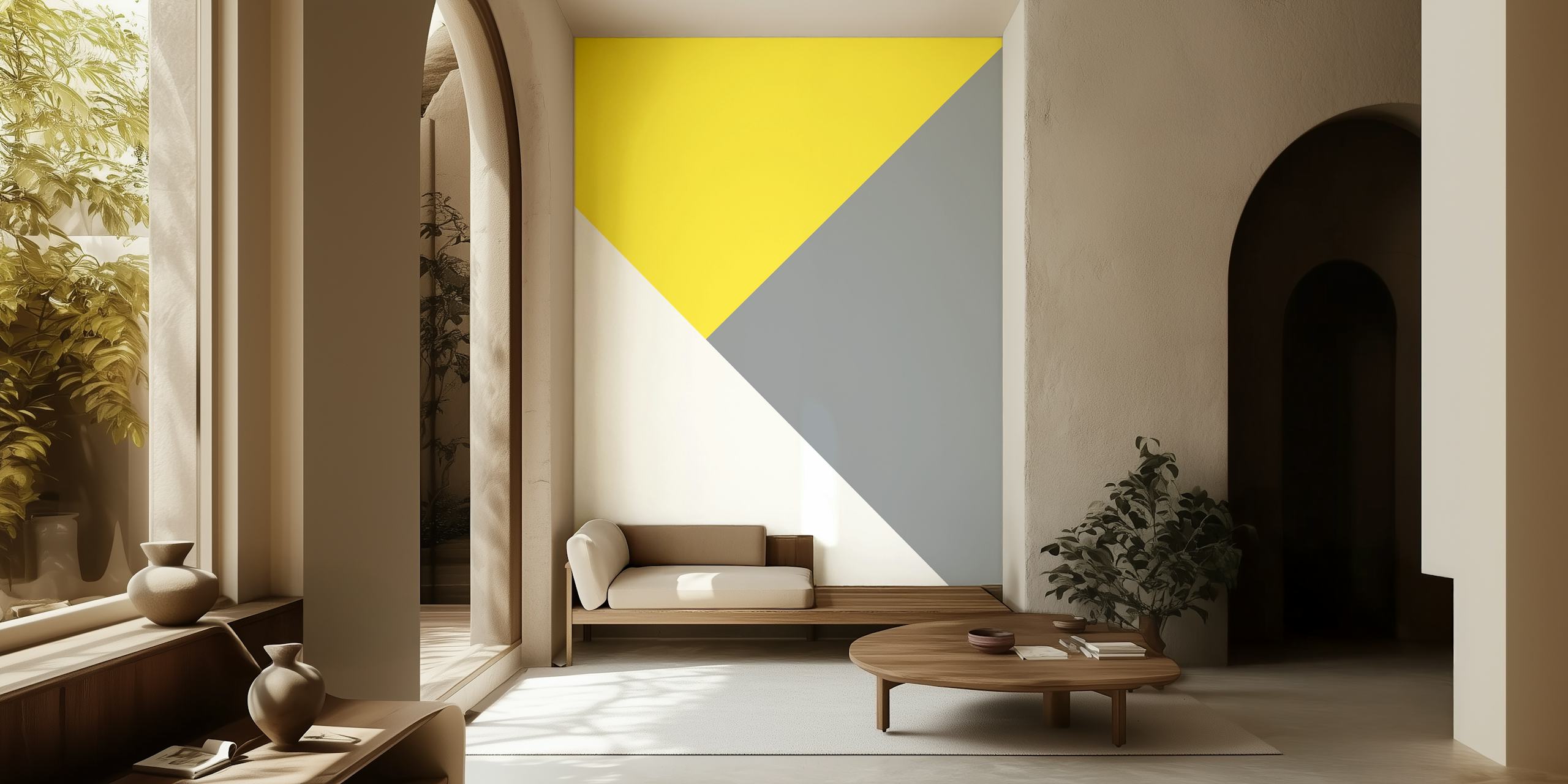 Illuminating Grey White Geo-vægmaleri med blødt gråt, rent hvidt og lysende gult geometrisk design.