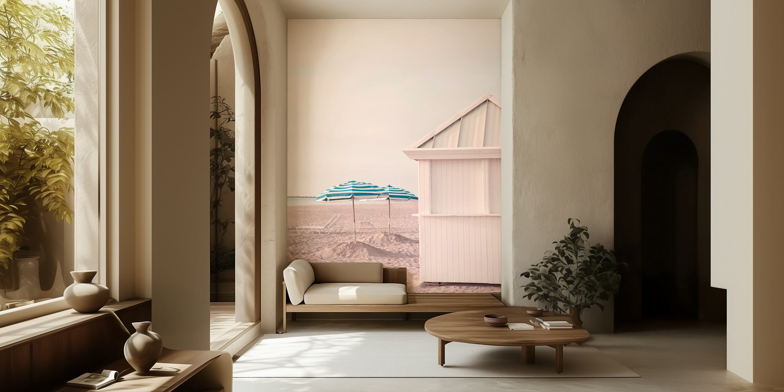 Pastel striped beach umbrellas and white beach hut wallpaper