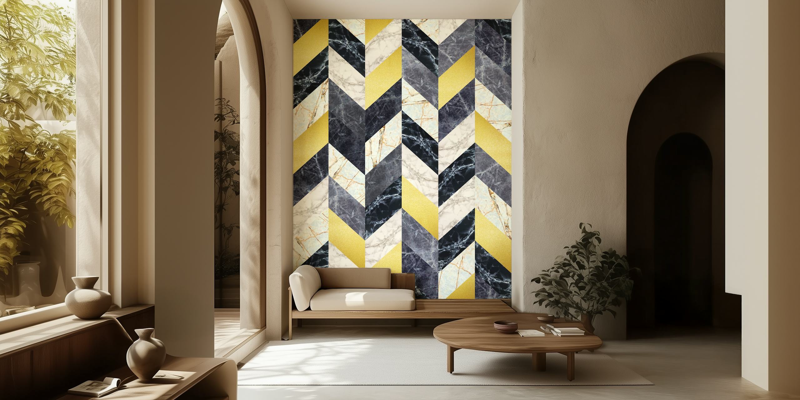 Coloured Pattern II geometrisk sicksack tapet med guld, silver och kol nyanser på happywall.com