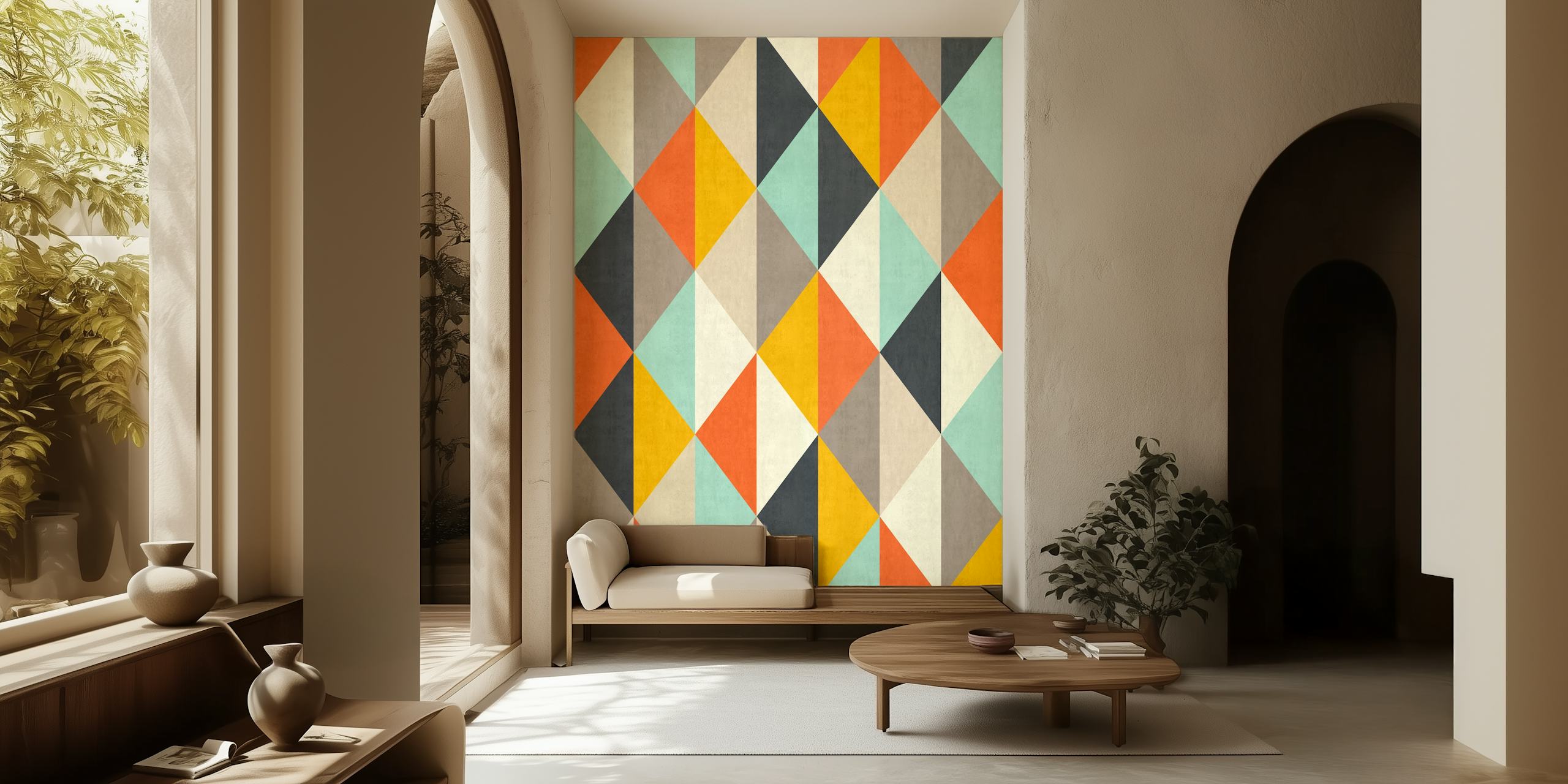 Geometrisches Wandbild „Colored Pattern IV“ mit leuchtenden Dreiecken in Orange, Blaugrün und Grau