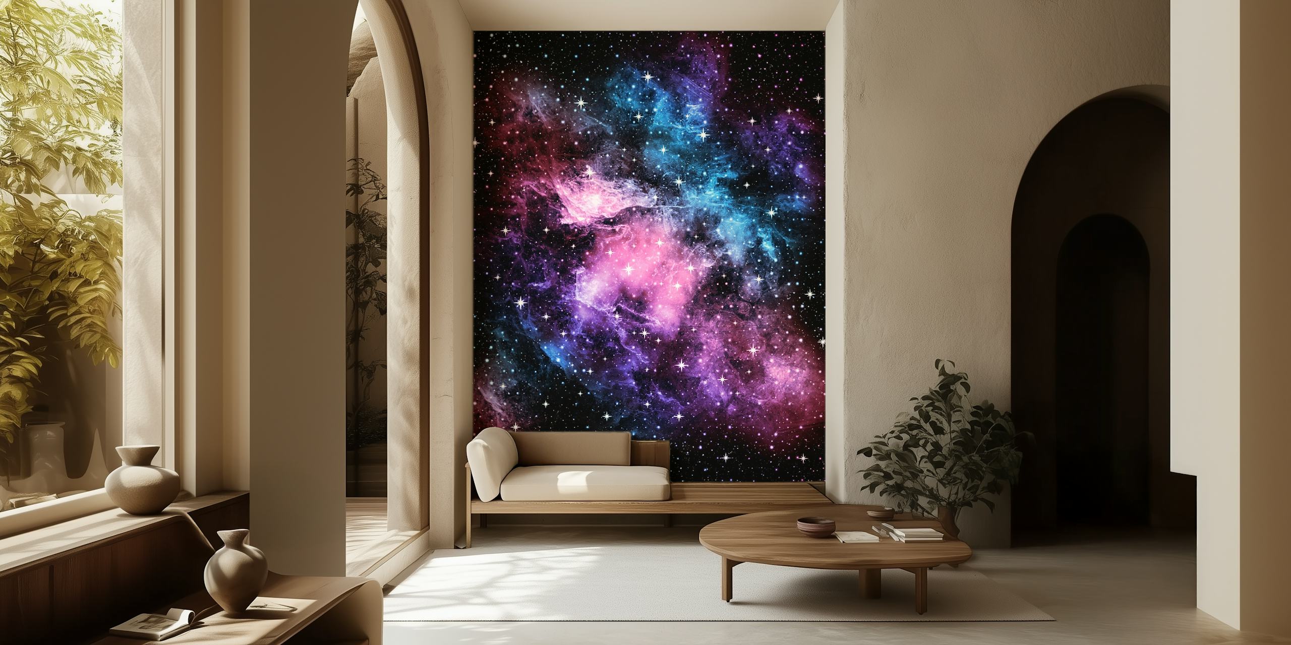 Pink Purple Galaxy Nebula Wall Mural depicting a starry space scene