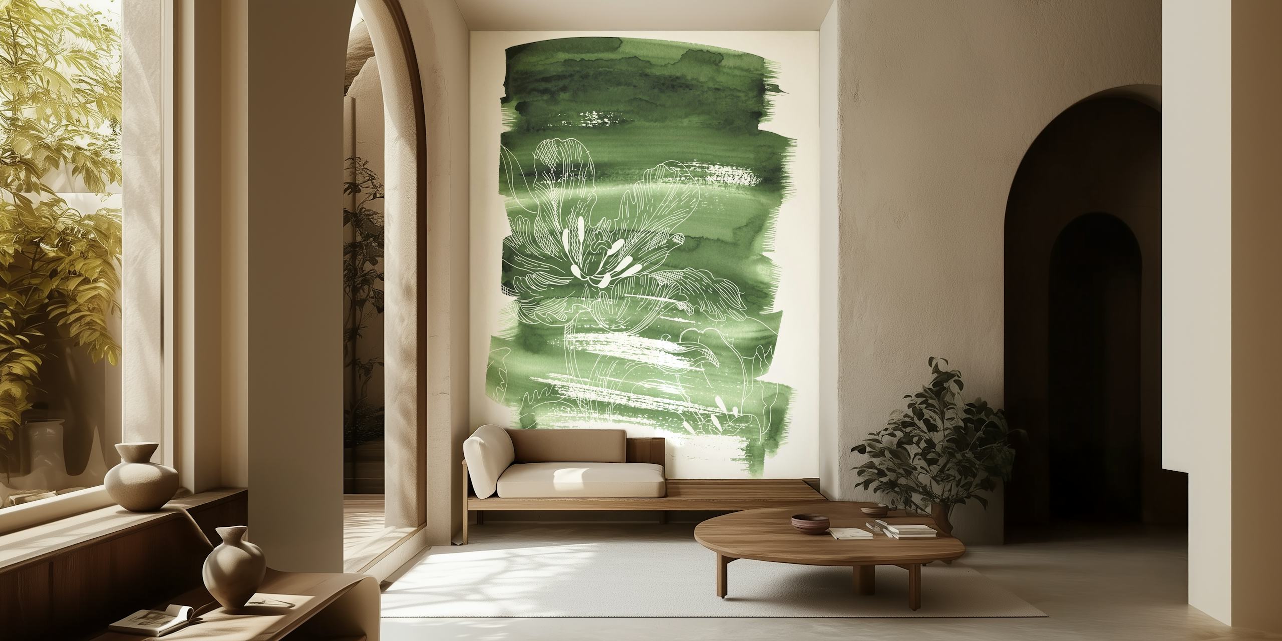 Carta da parati Batik Green in un'ambientazione stanza