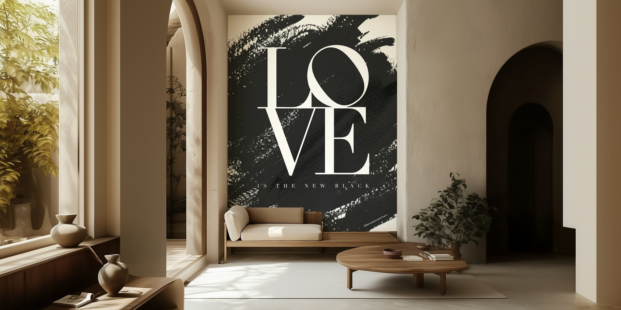 Papier peint mural moderne « Love is the new Black » avec des coups de pinceau et une typographie noirs audacieux