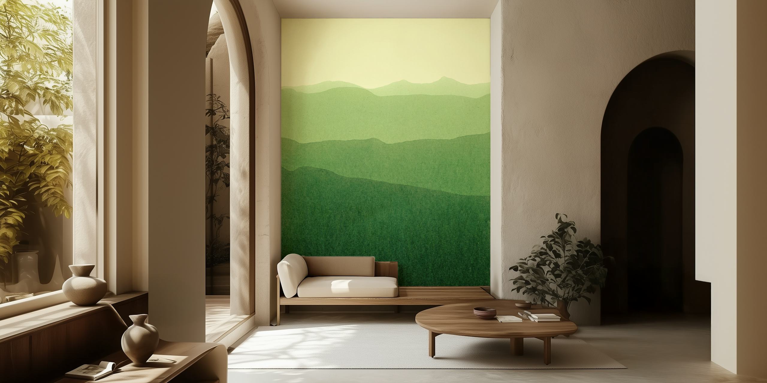 Papier peint paysage stylisé en dégradé vert représentant des collines